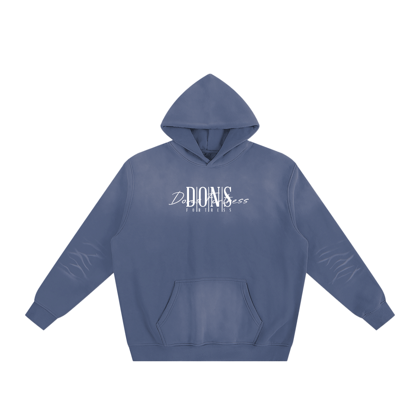 Blue hoodie with text on a white background
