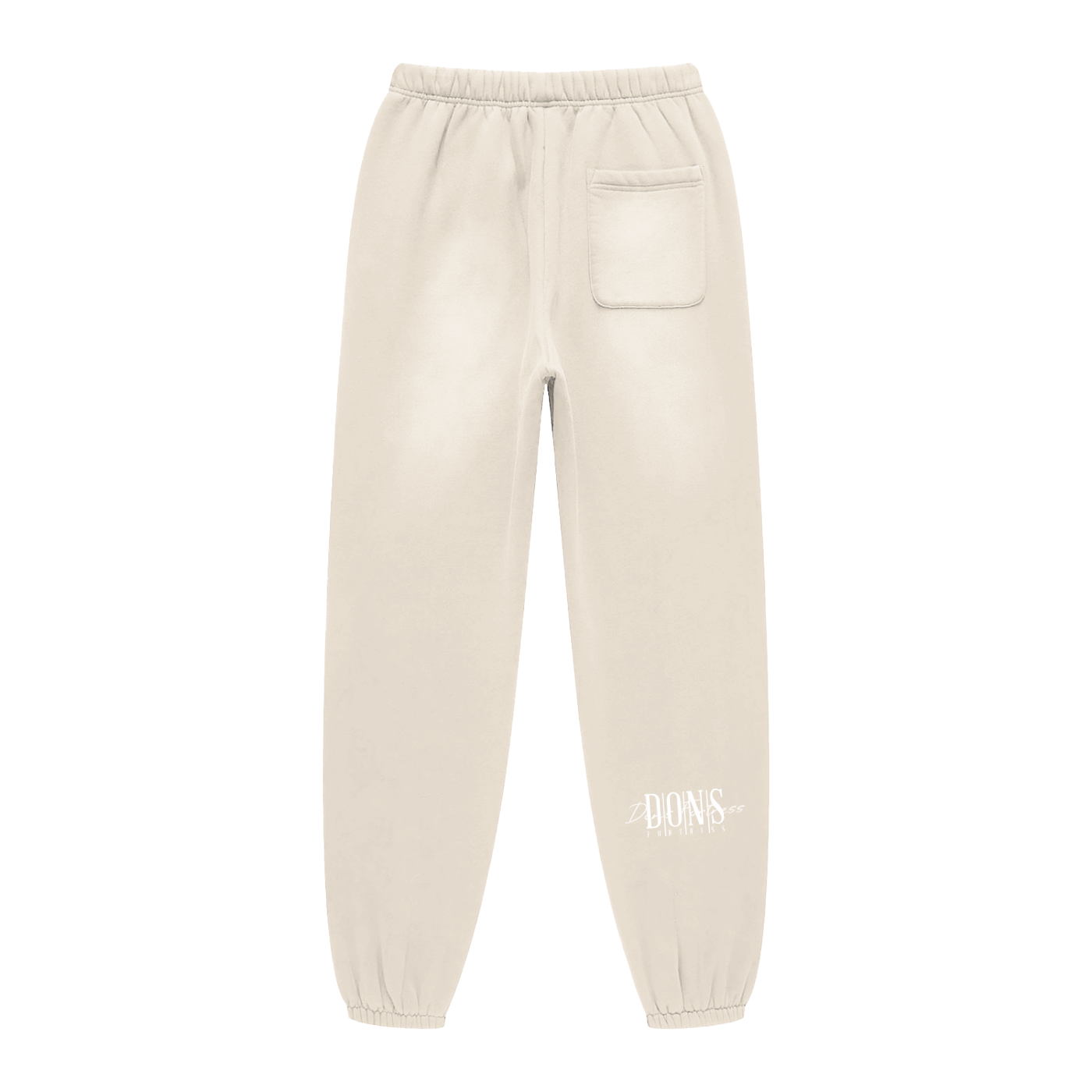 Beige sweatpants with a brand logo on a white background