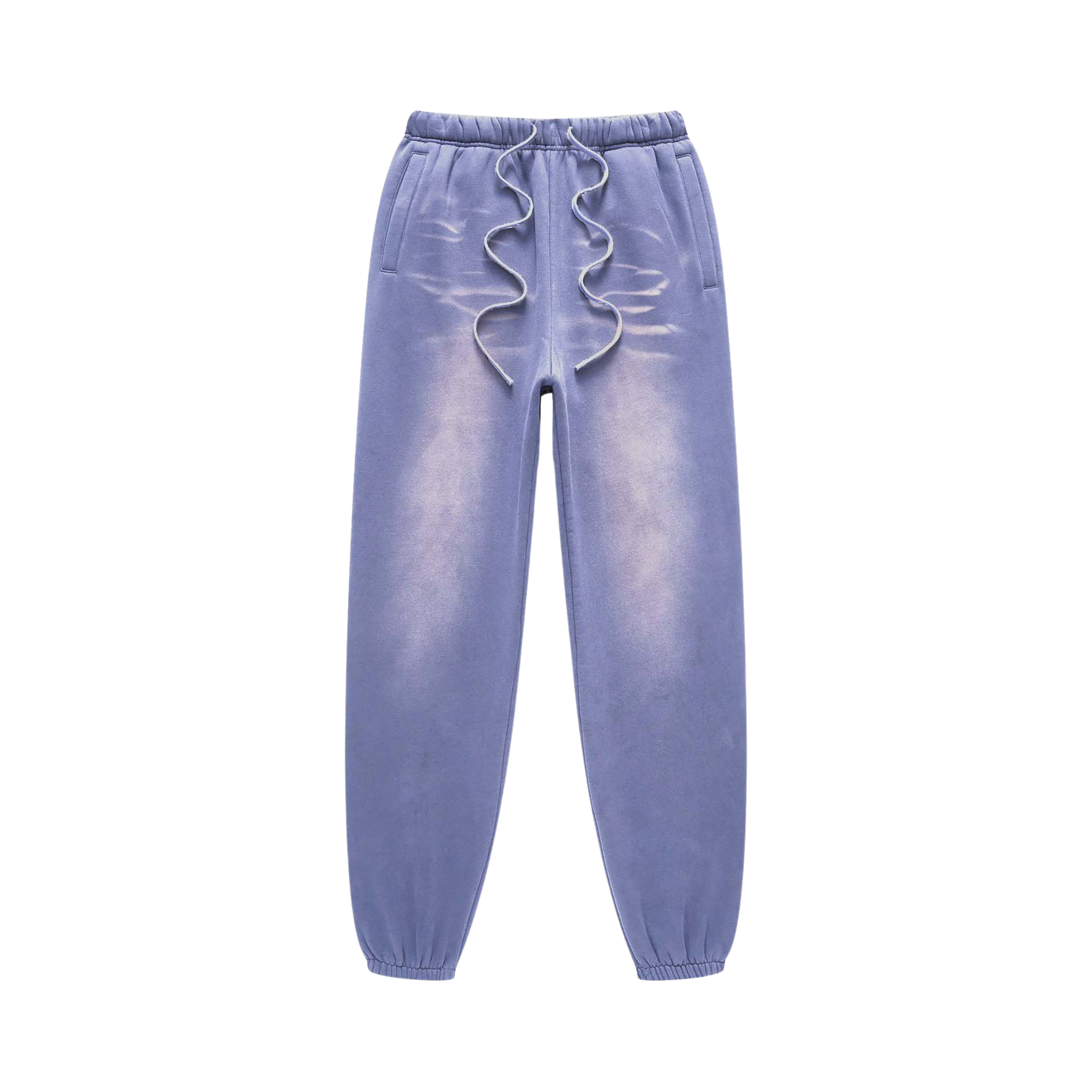 Light blue denim jogger pants on a white background