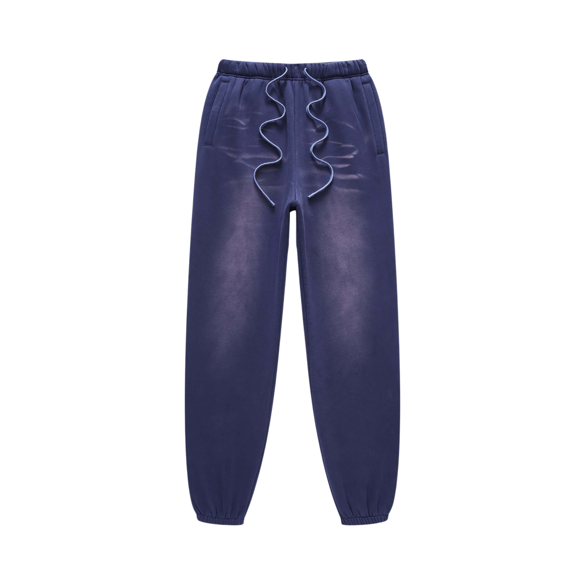 Blue jeans with ruffled details on a white background