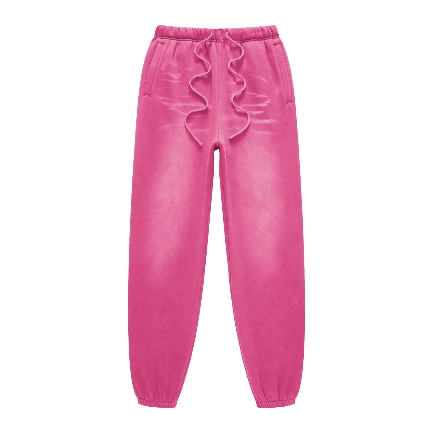 Pink jogger pants with ruffled drawstring on a white background