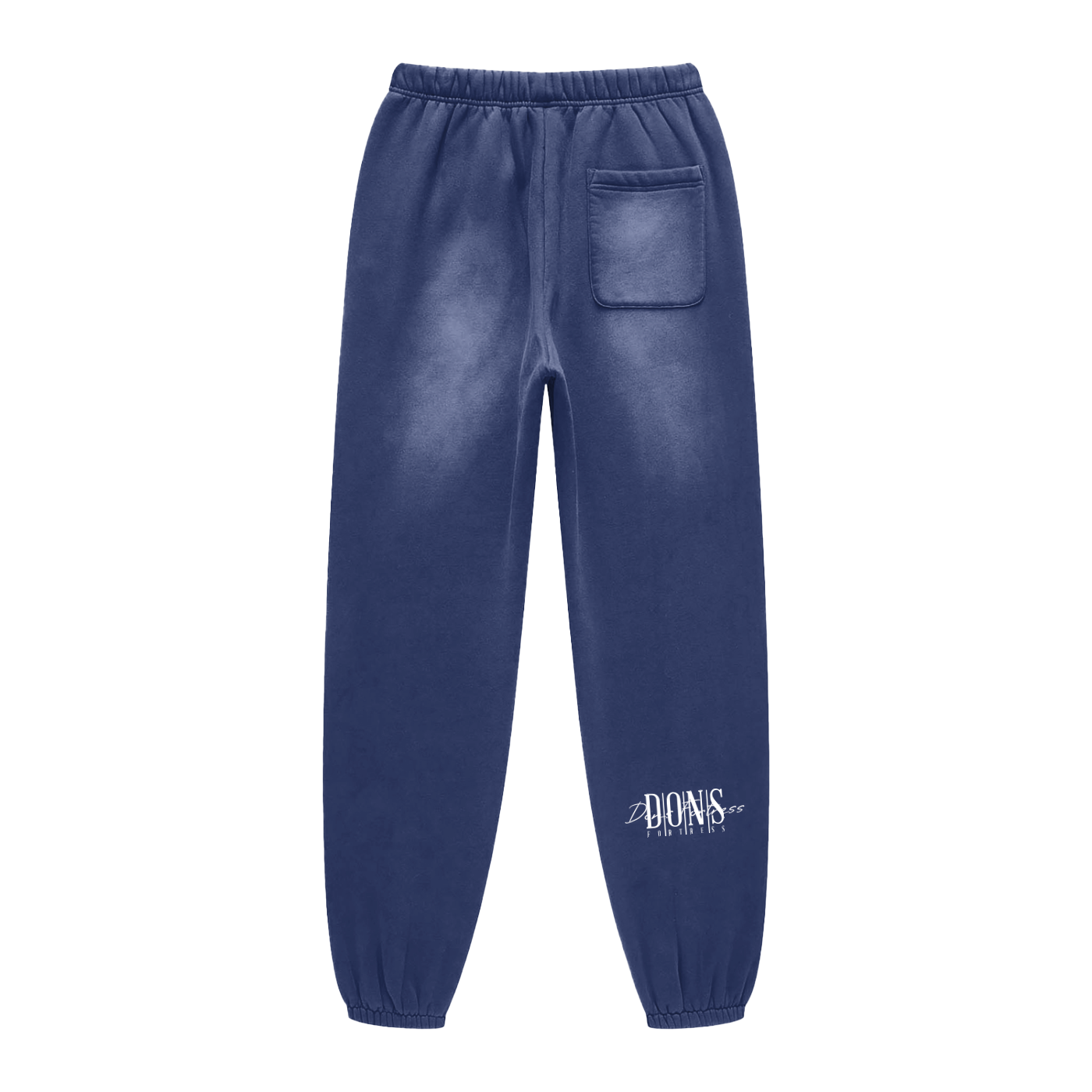 Blue sweatpants with a brand logo on a white background