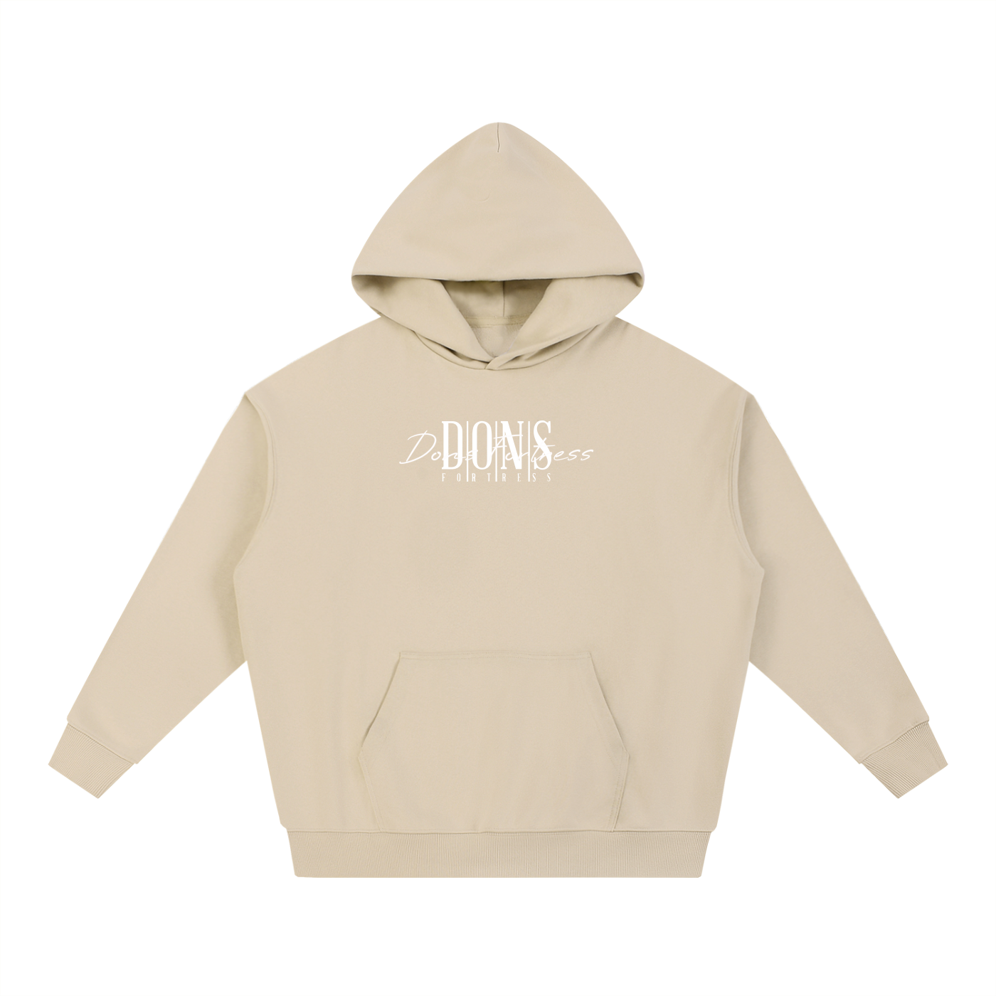 Beige hoodie with text on a white background