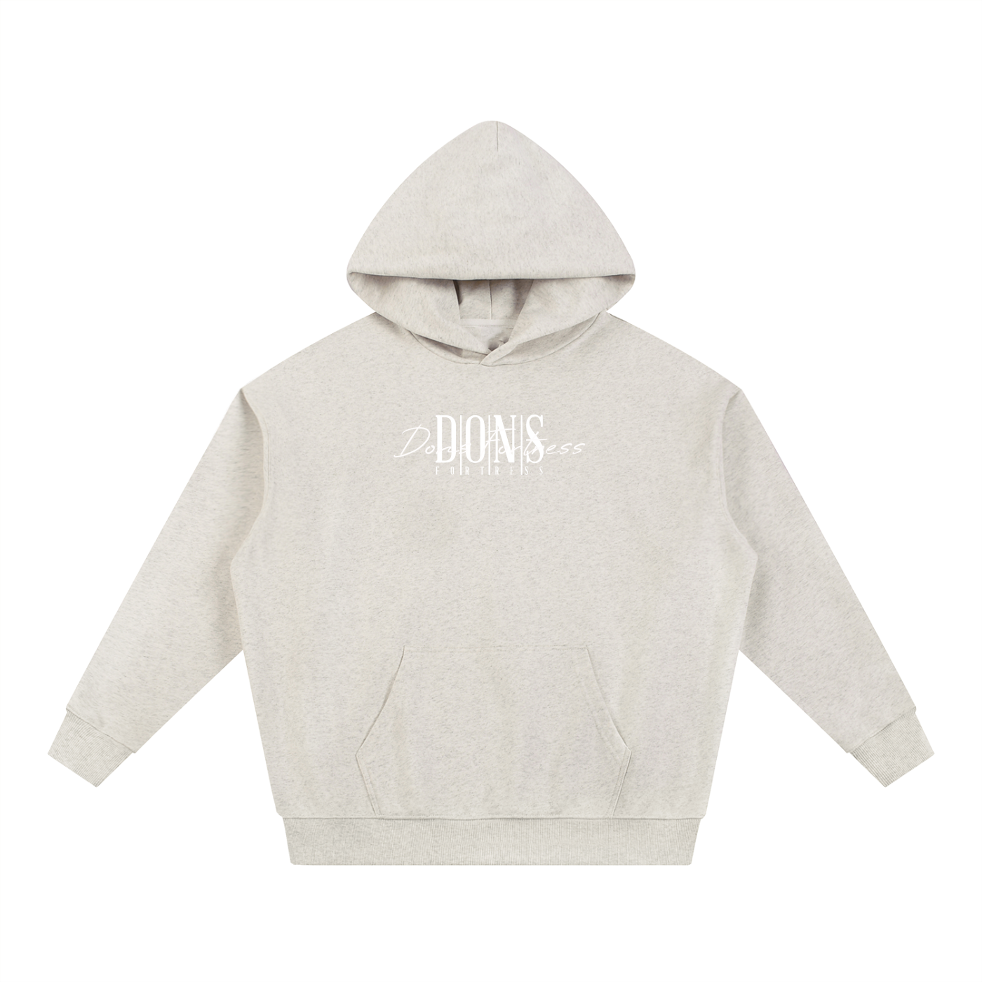 Beige hoodie with text on a white background