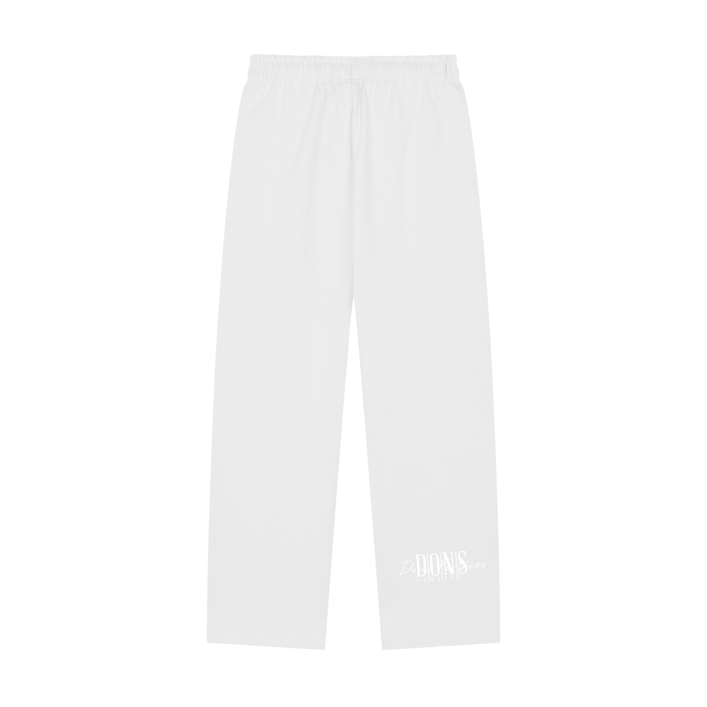 White pants with a brand logo on a white background