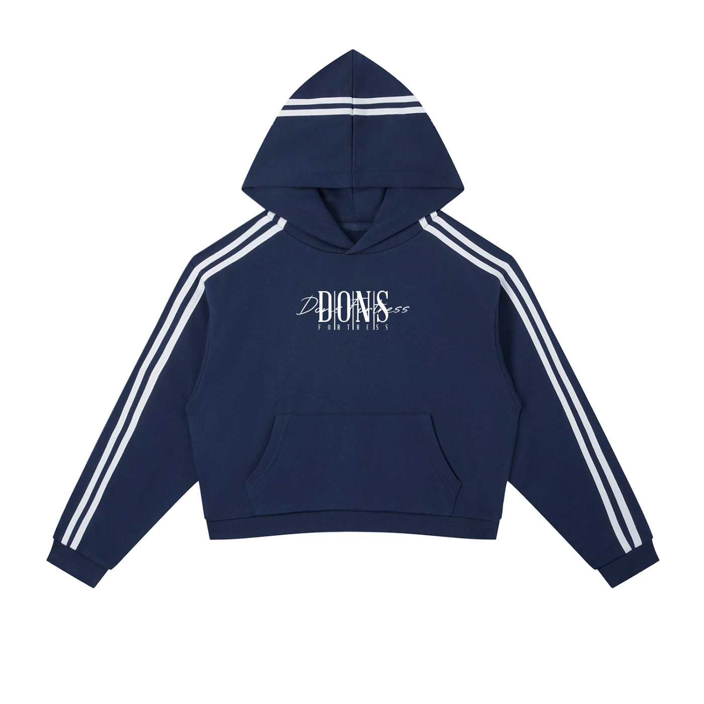 Navy hoodie with white stripes on sleeves and 'Dionis' branding on a white background