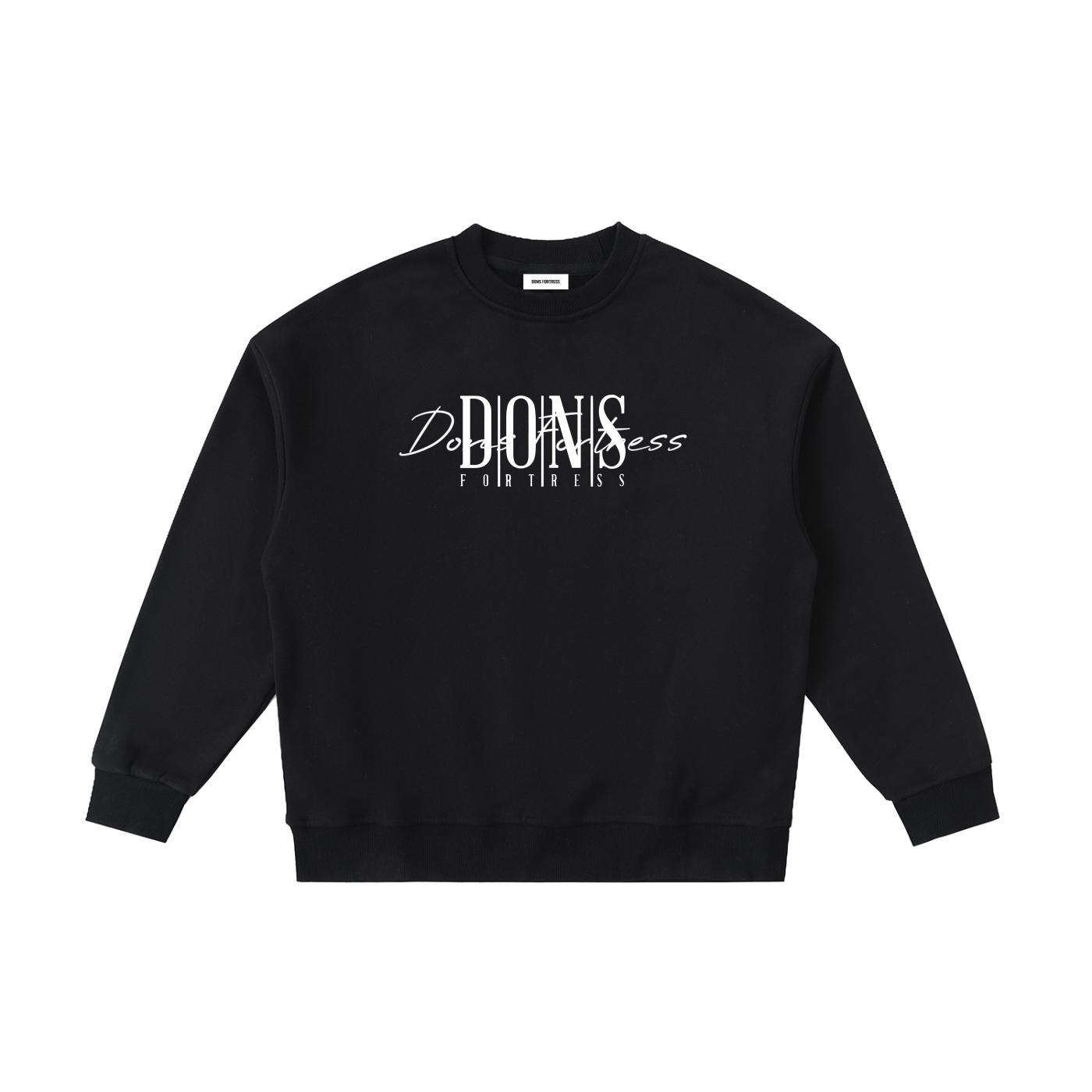 Black sweatshirt with white text on a white background