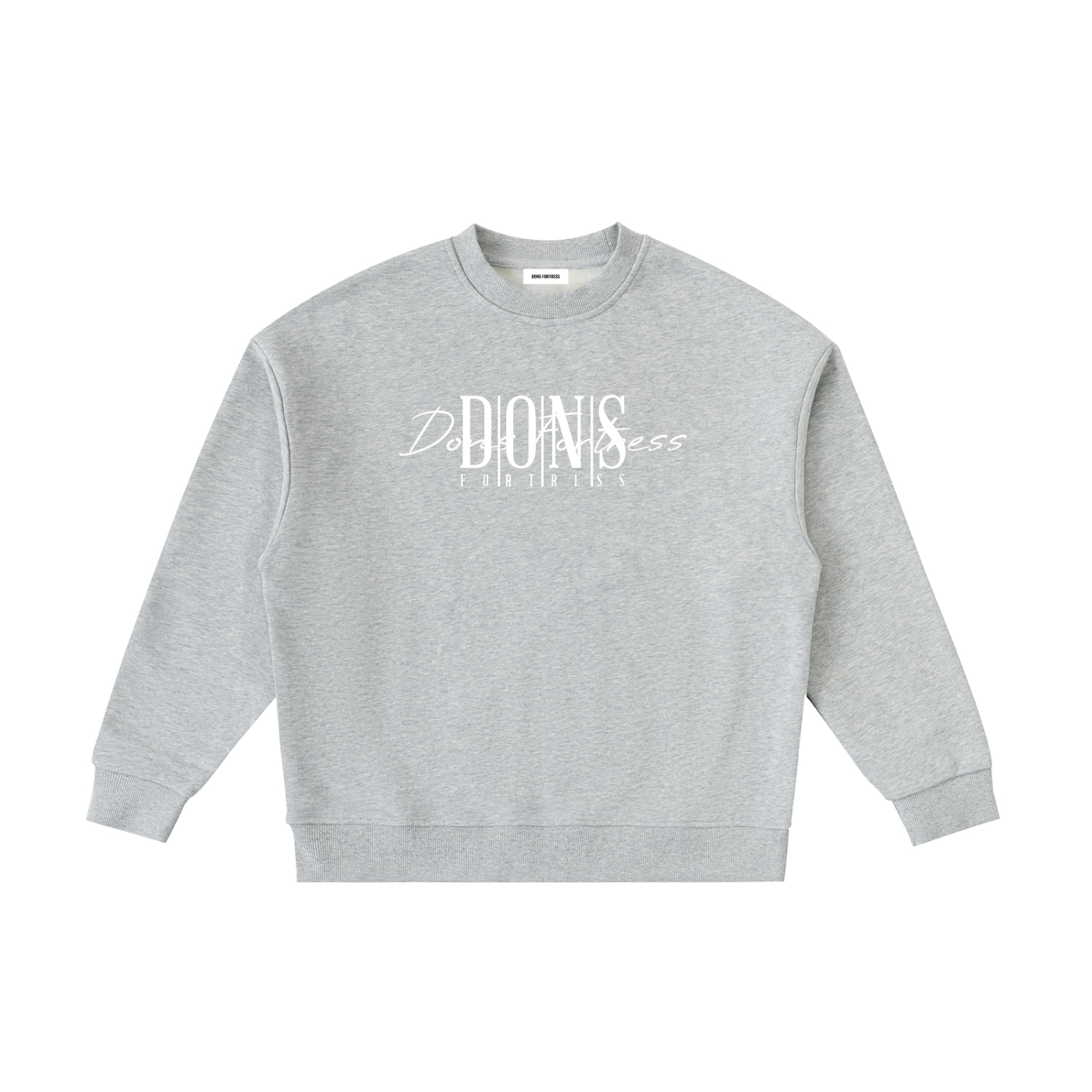 Gray sweatshirt with white text on a white background