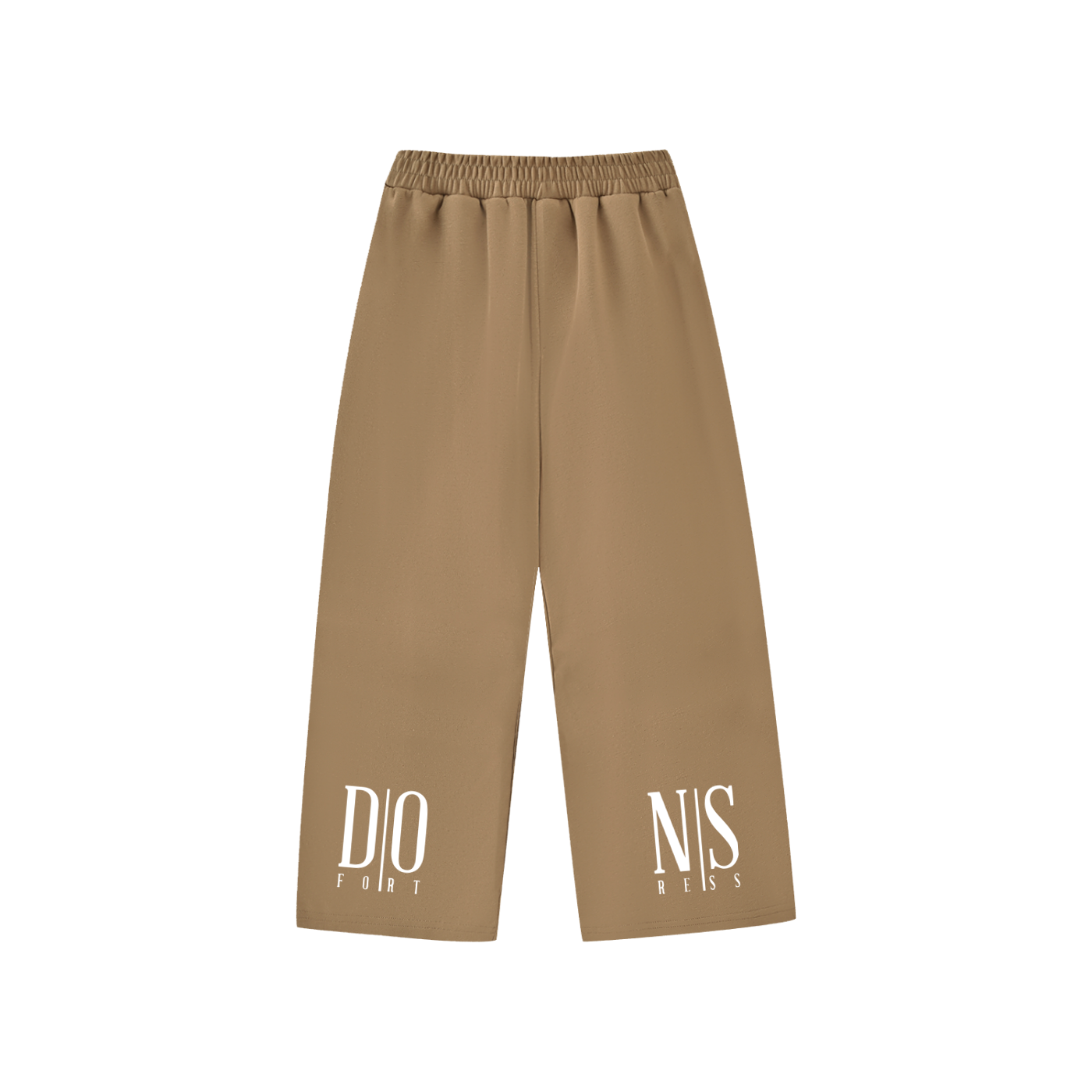 Beige pants with branding on a white background