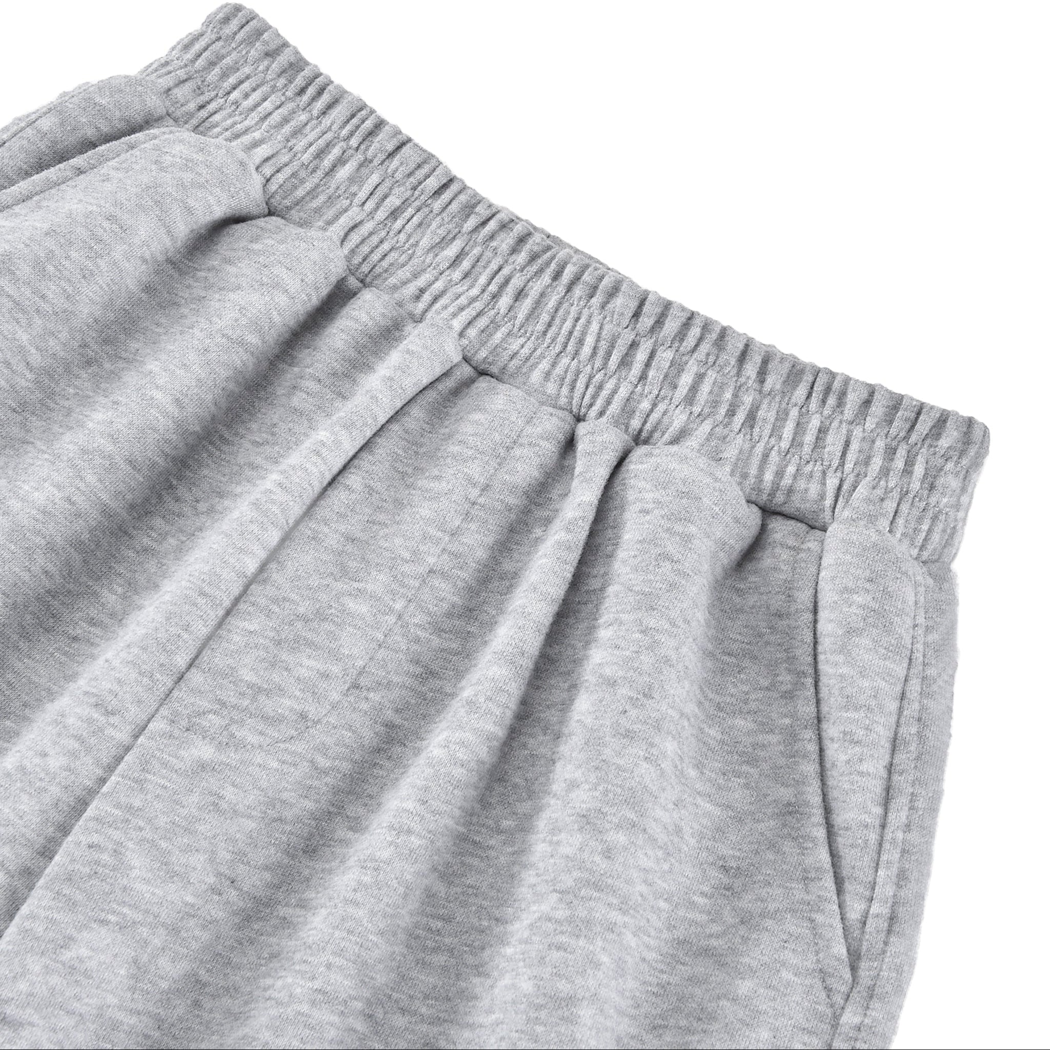 Close-up of gray sweatpants with an elastic waistband on a white background