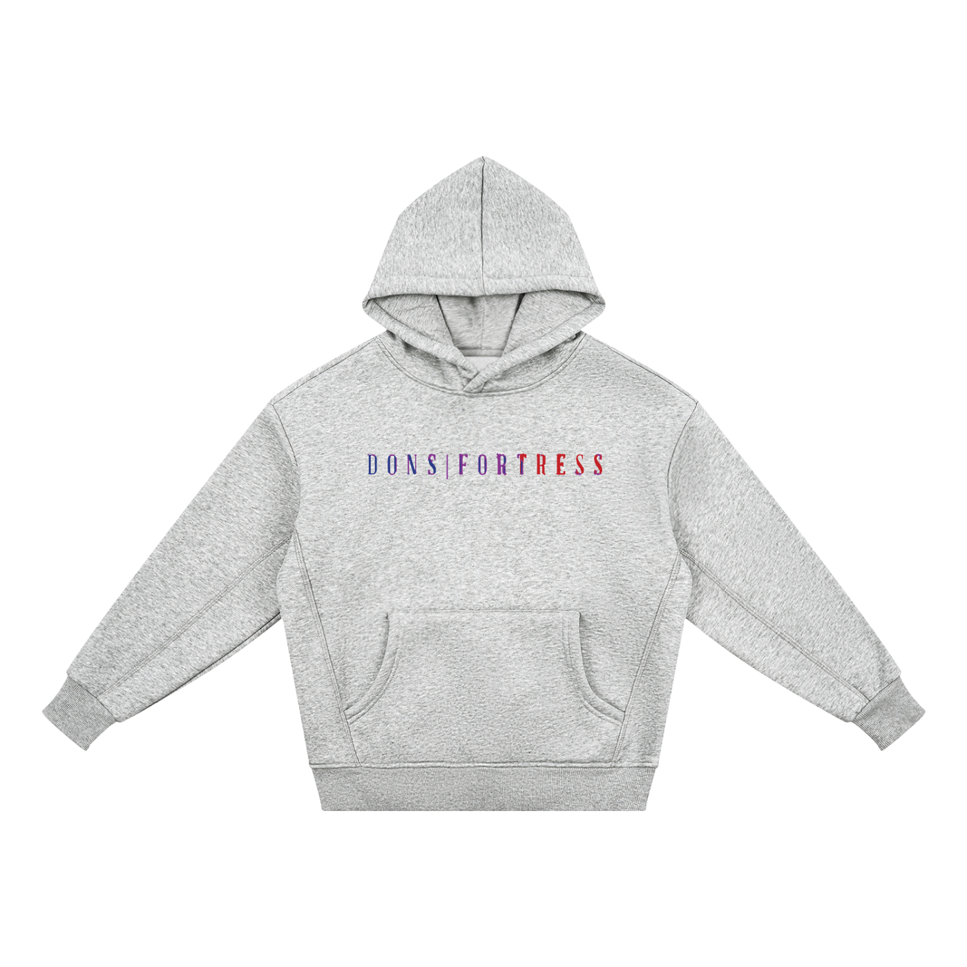 Gray hoodie with colourful branding on a white background