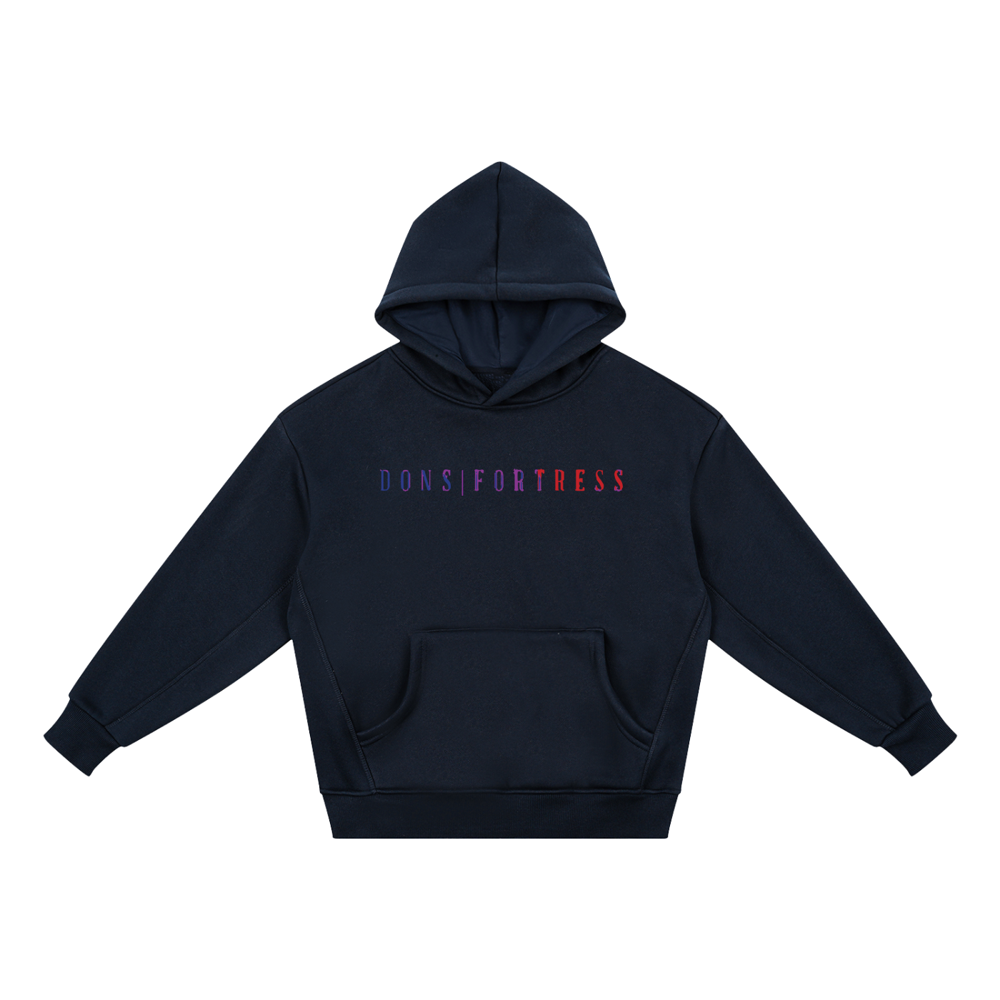 Navy hoodie with 'DONS FORTRESS' text on a white background