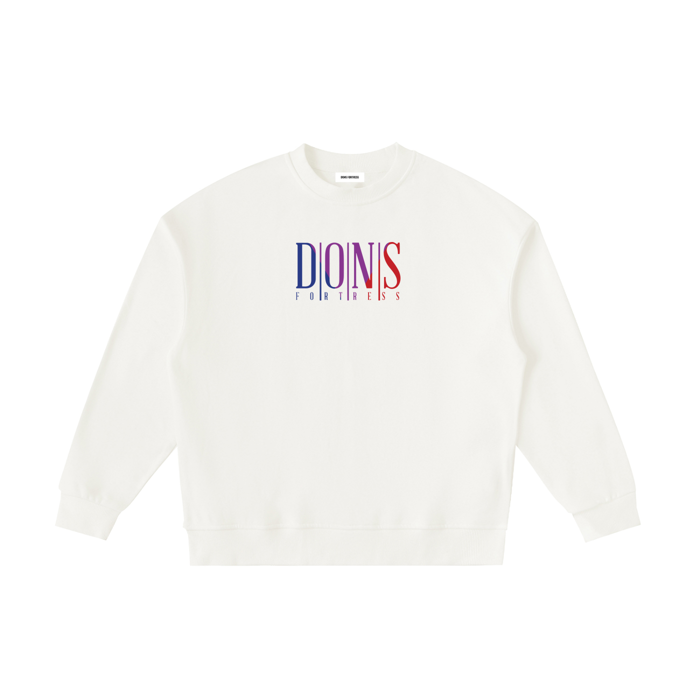 Beige sweatshirt with colourful text on a white background