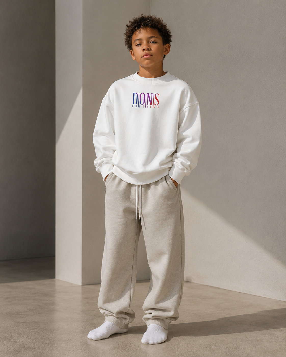 Person wearing a white sweatshirt with colorful text and beige pants against a neutral background
