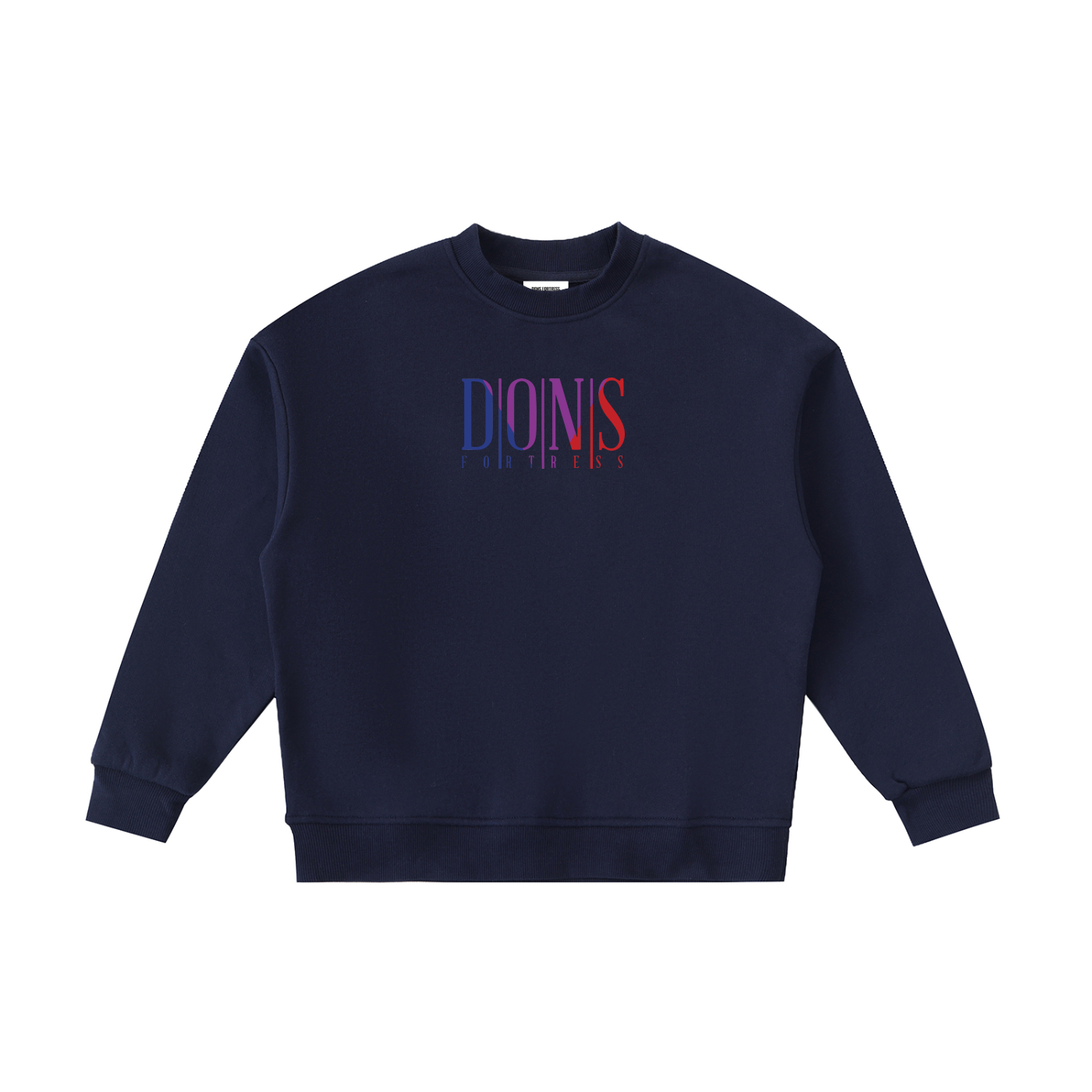Navy blue sweatshirt with colourful text on a white background