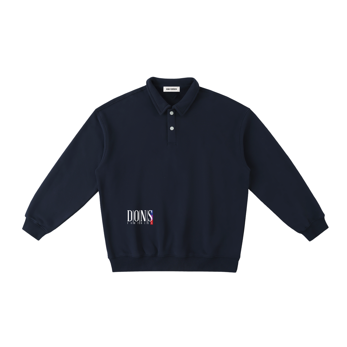 Navy blue sweatshirt with a brand logo on a white background