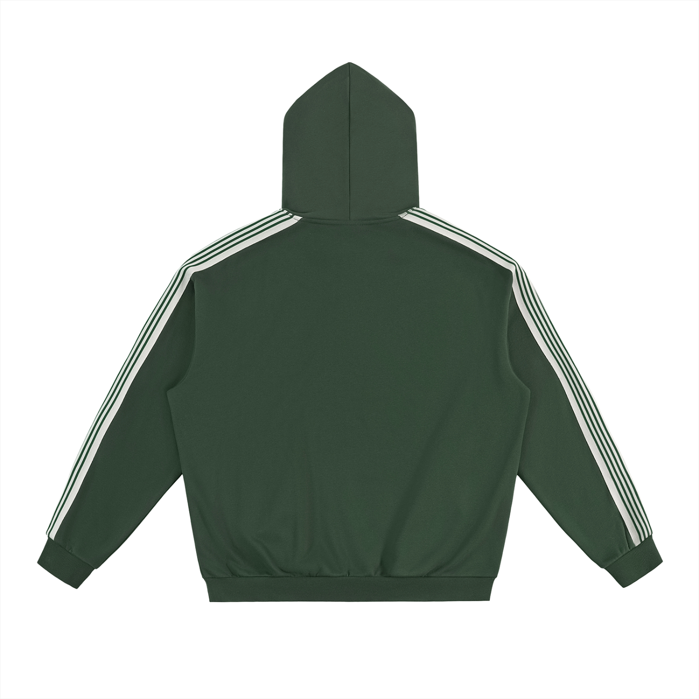 Green hoodie with white stripes on sleeves and back on a white background