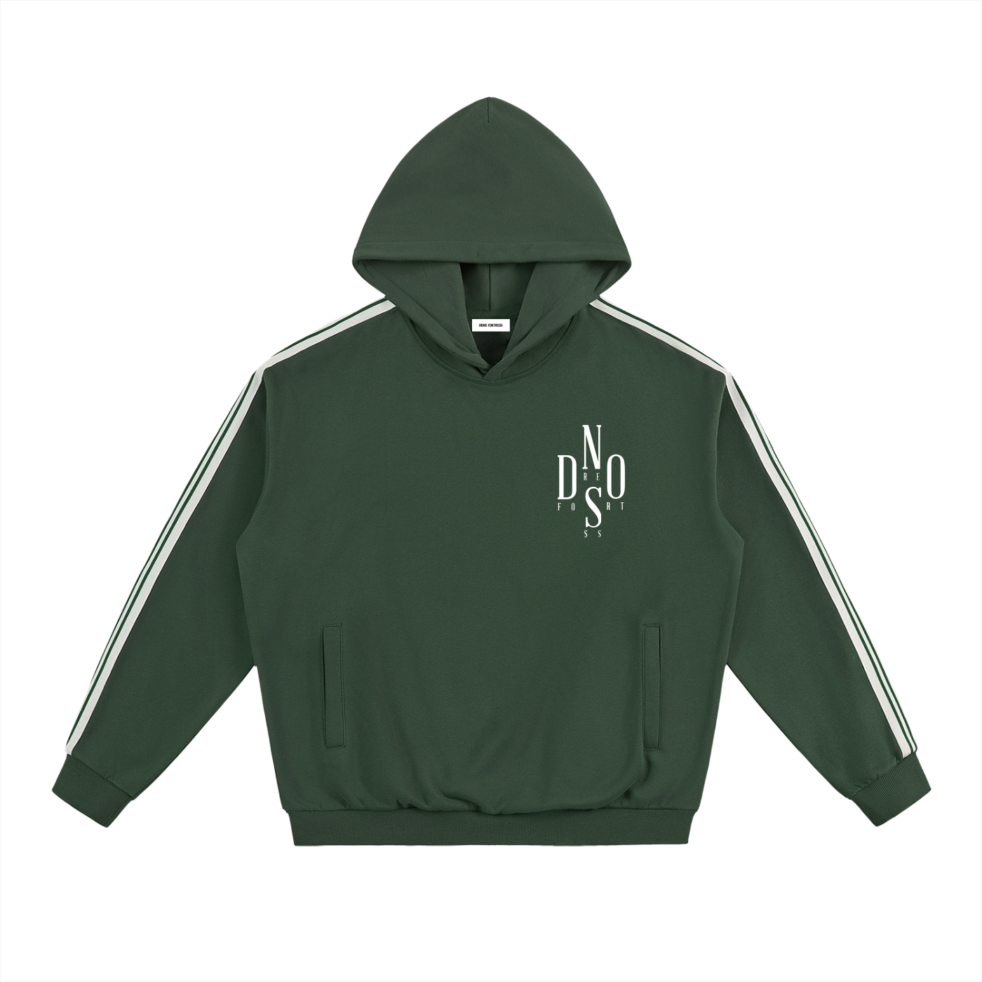 Green hoodie with white stripes on sleeves and a logo on chest against a white background