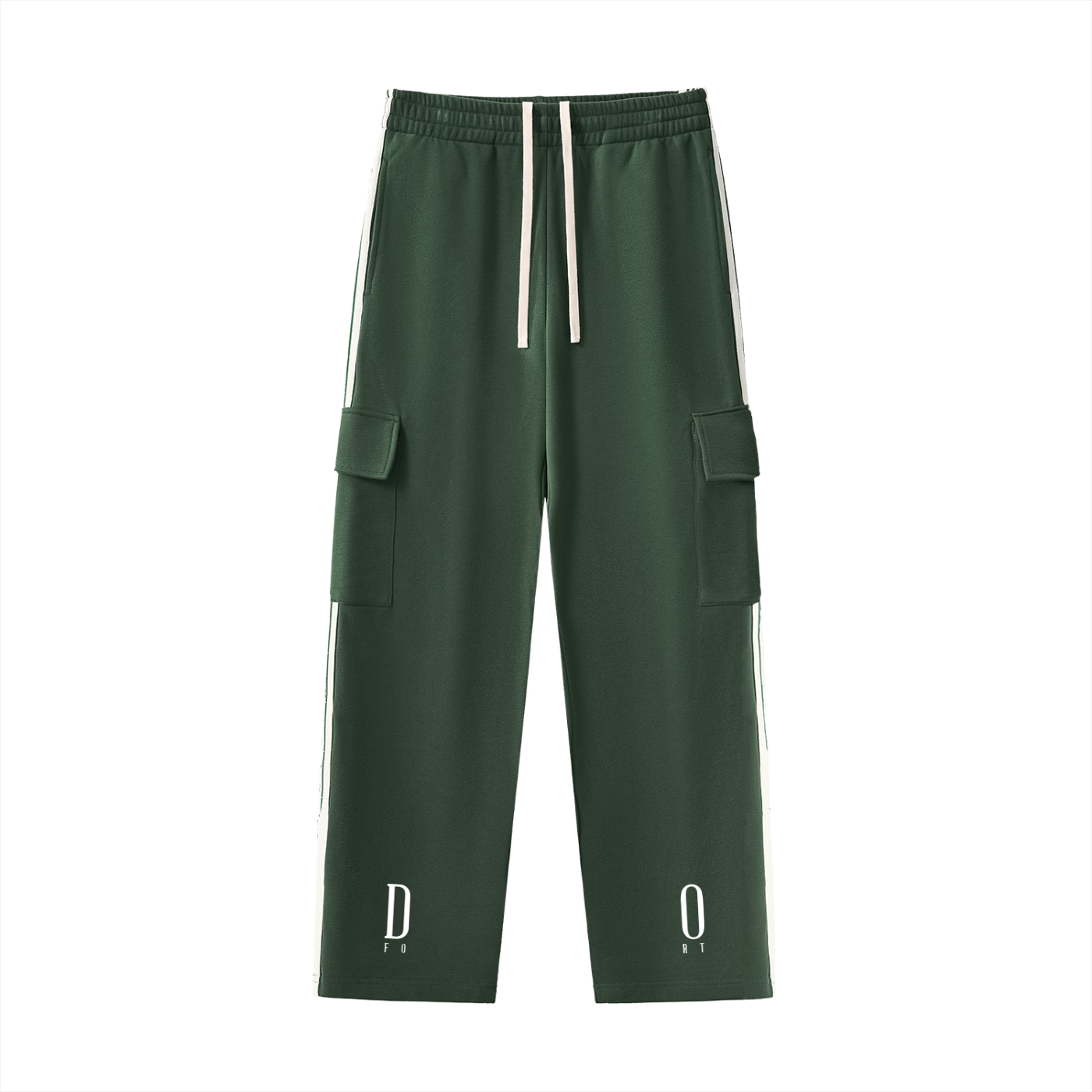 Green cargo pants with white stripes on a white background