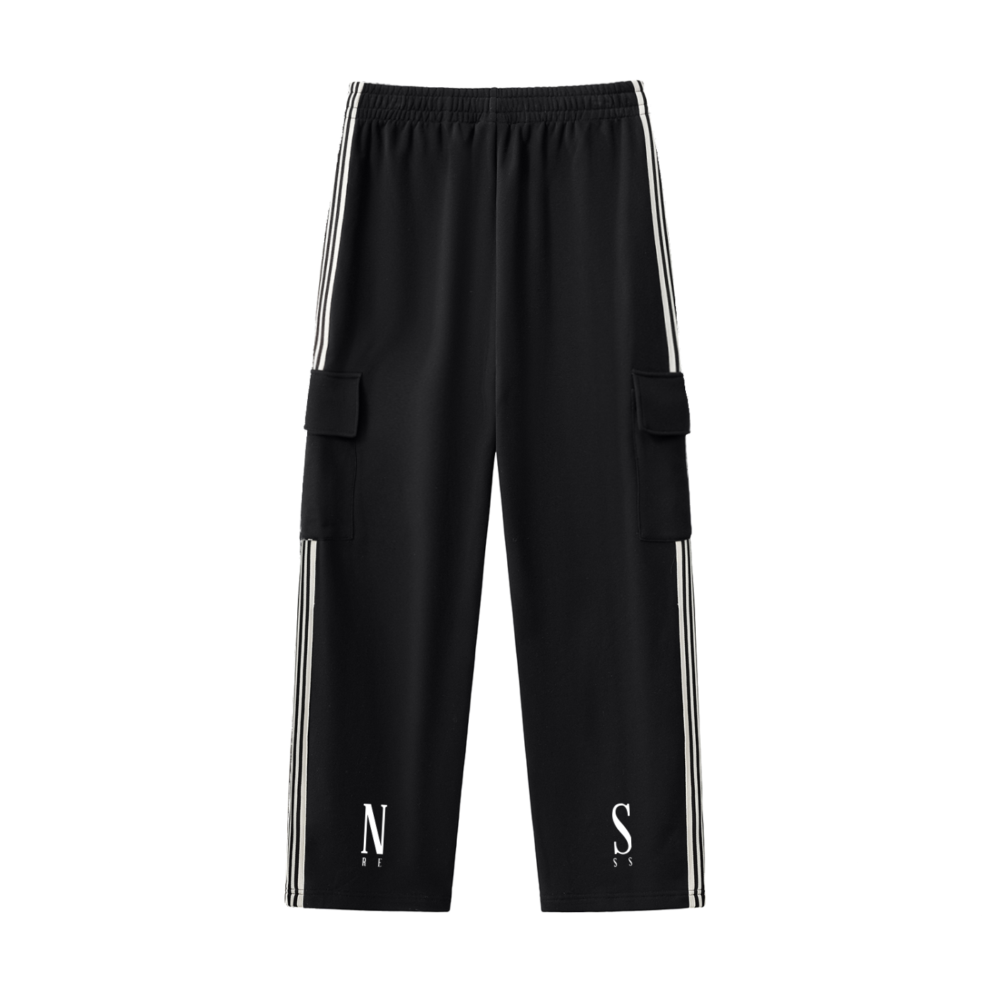 Black cargo pants with white stripes and logos on a white background