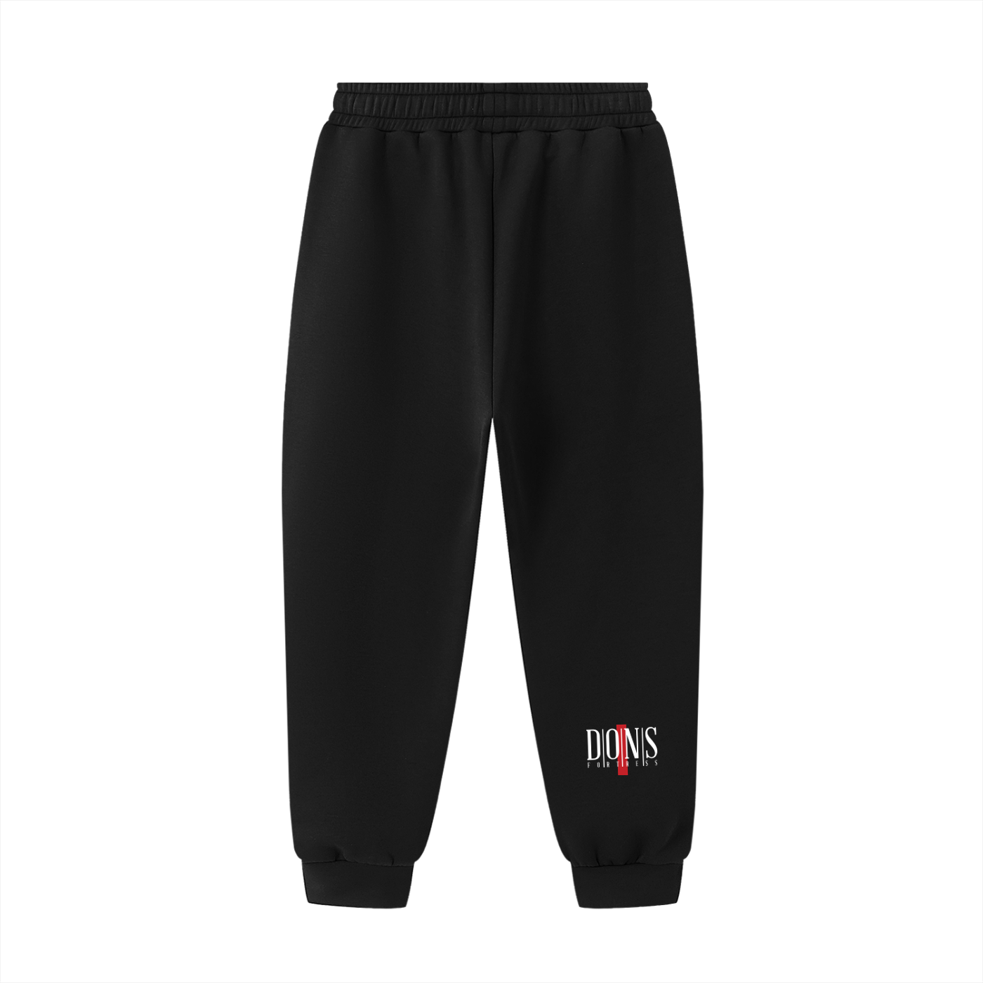Black sweatpants with a logo on the left leg against a white background