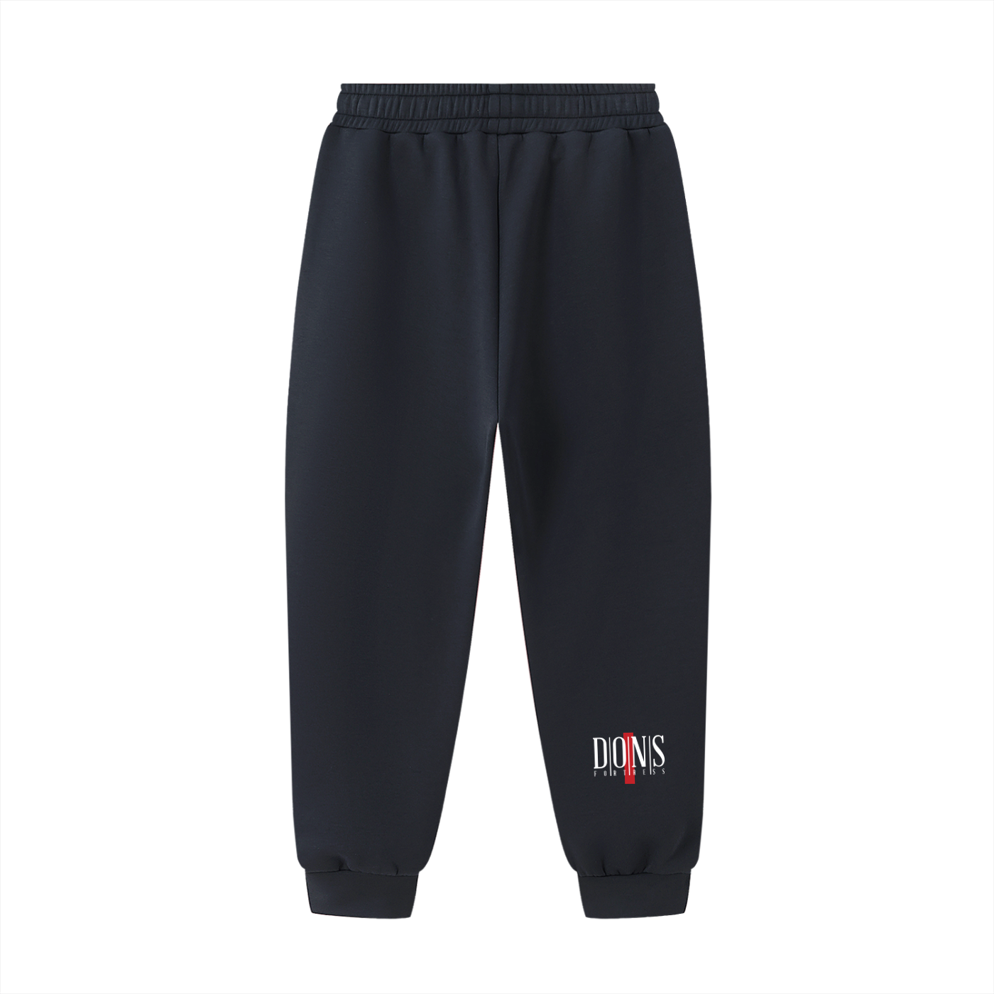 Navy sweatpants with a logo on a white background