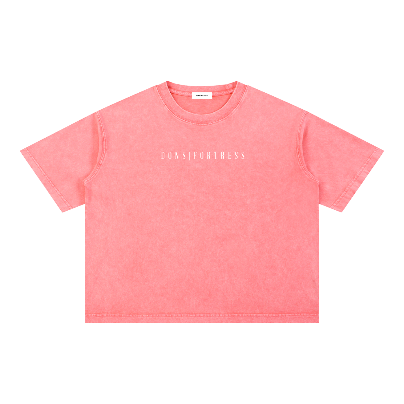 Pink t-shirt with 'DONS FORTRESS' text on a white background