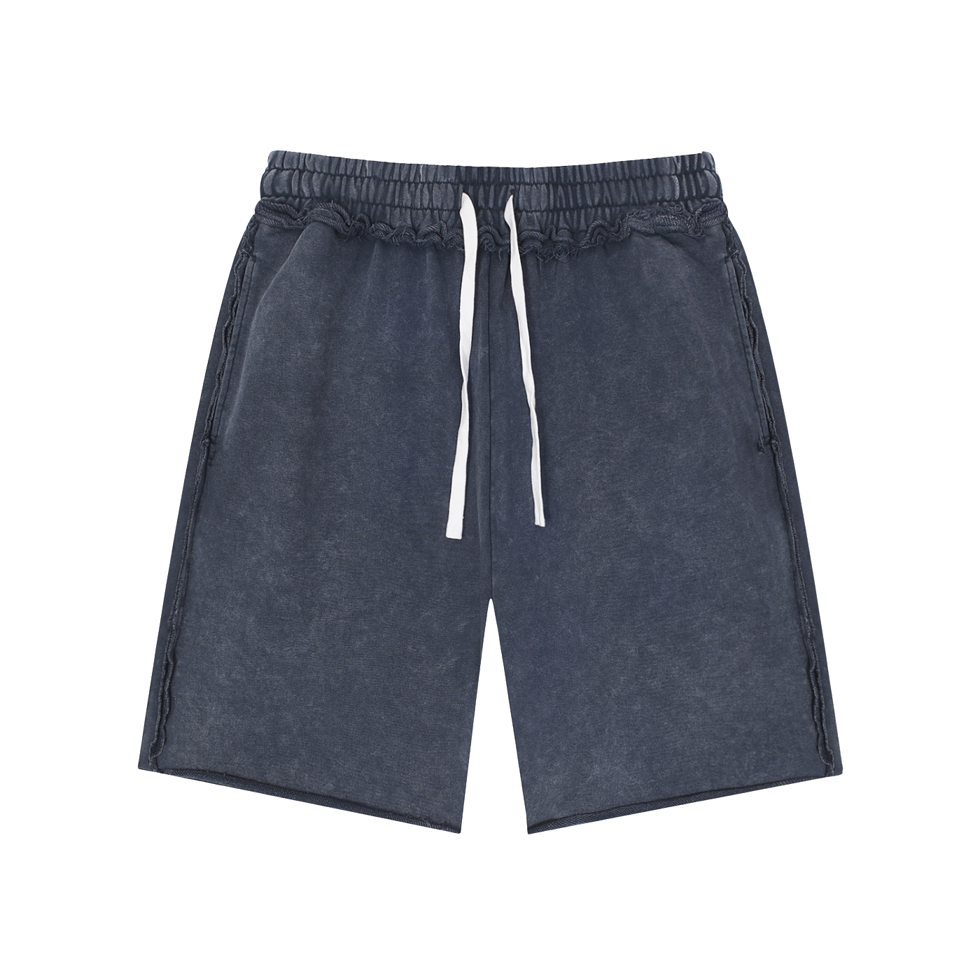 Blue shorts with a drawstring on a white background