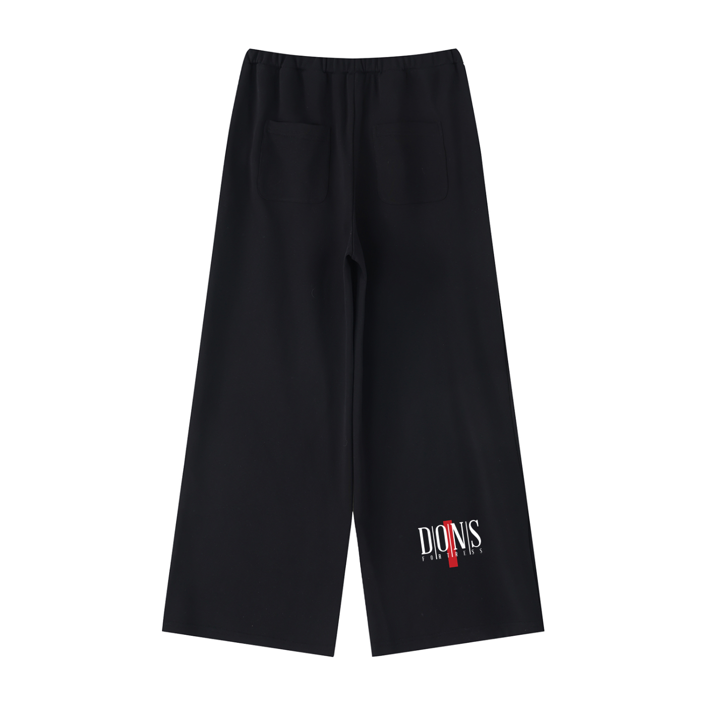 Black wide-leg pants with a brand logo on a white background