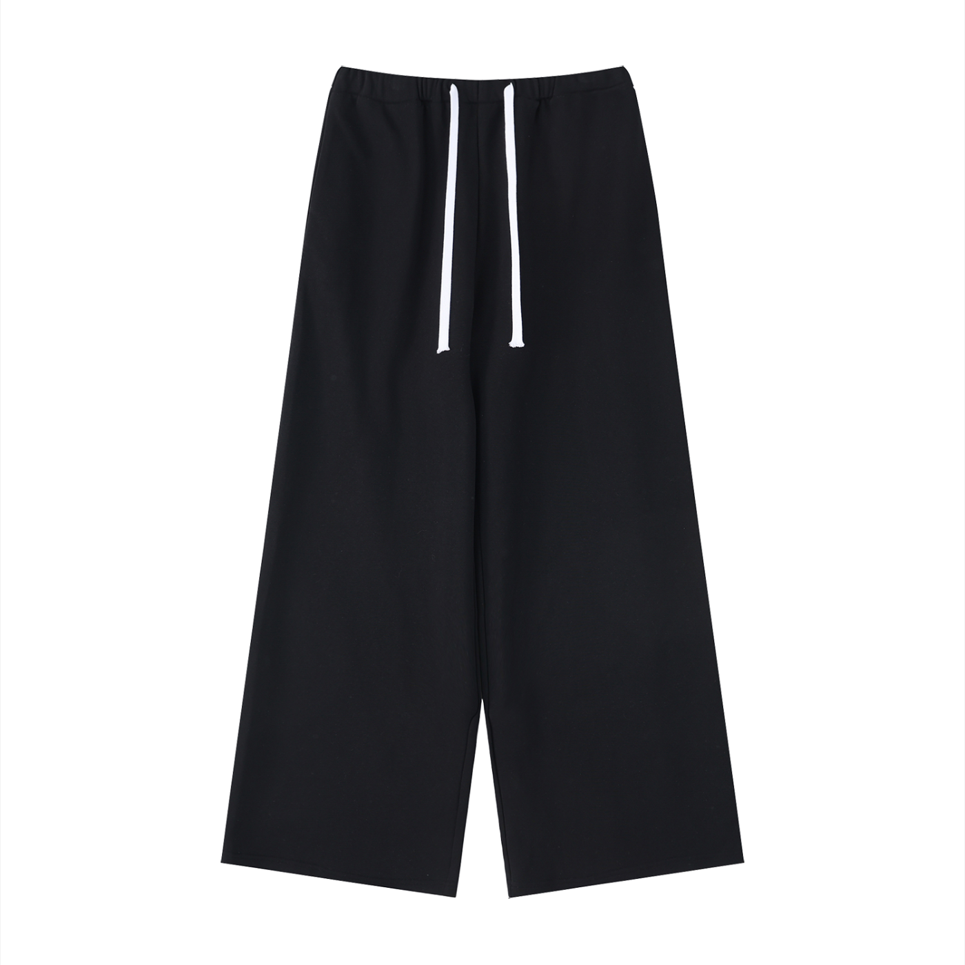 Black wide-leg pants with white drawstring on a white background
