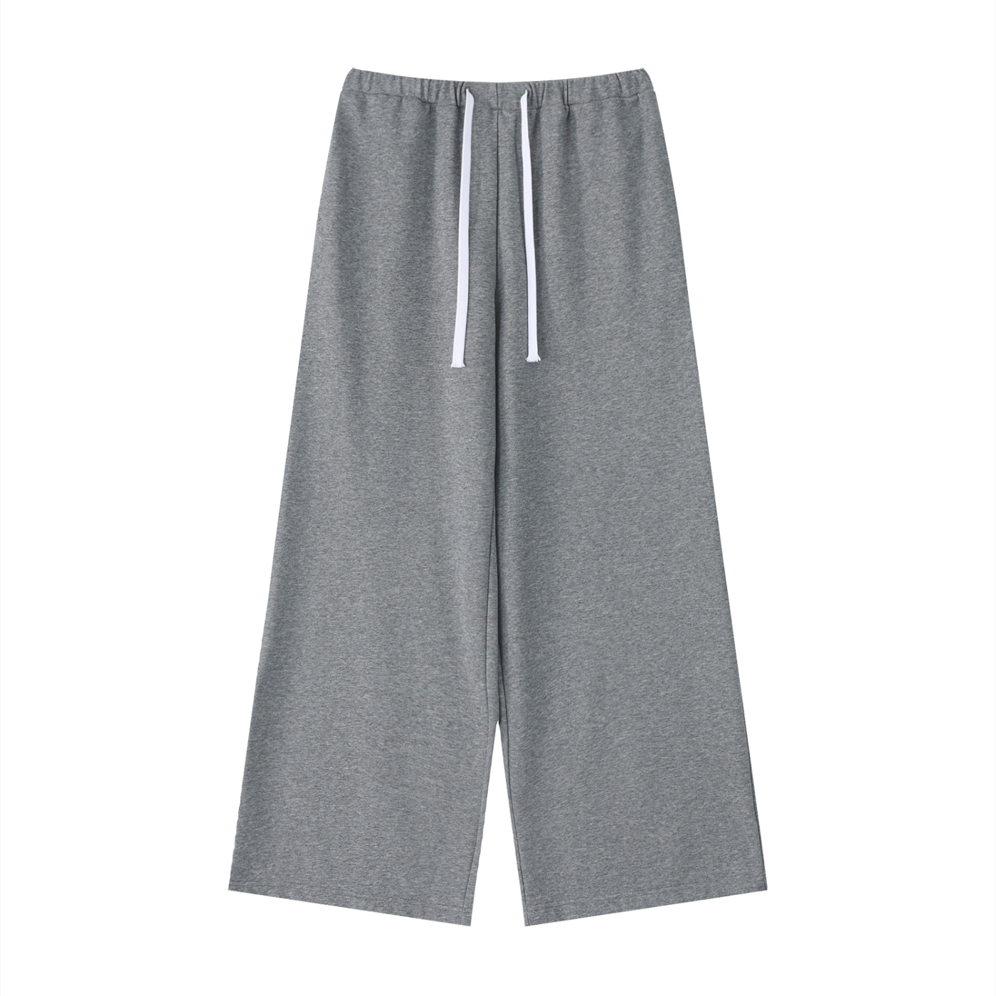 Gray sweatpants with a white drawstring on a white background