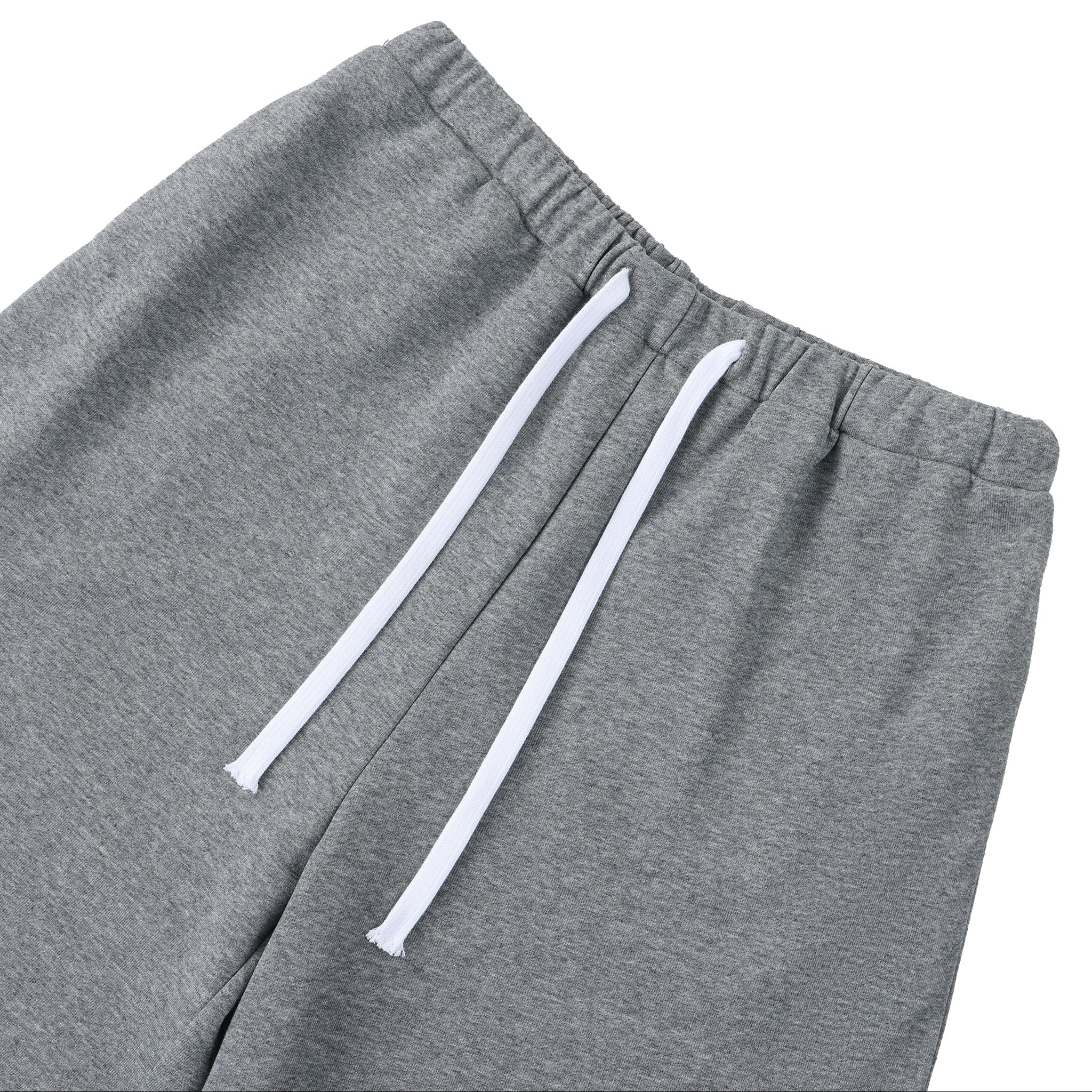 Gray sweatpants with white drawstring on a white background