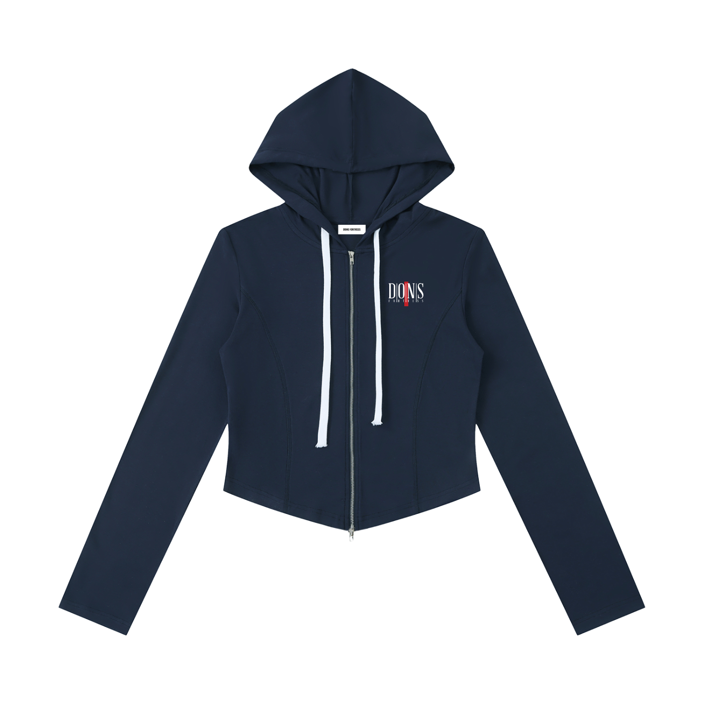 Navy blue hoodie with white zipper on a white background