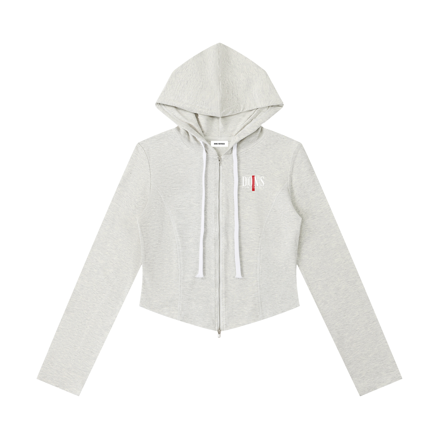 Light gray cropped hoodie with a small red and white logo on a white background