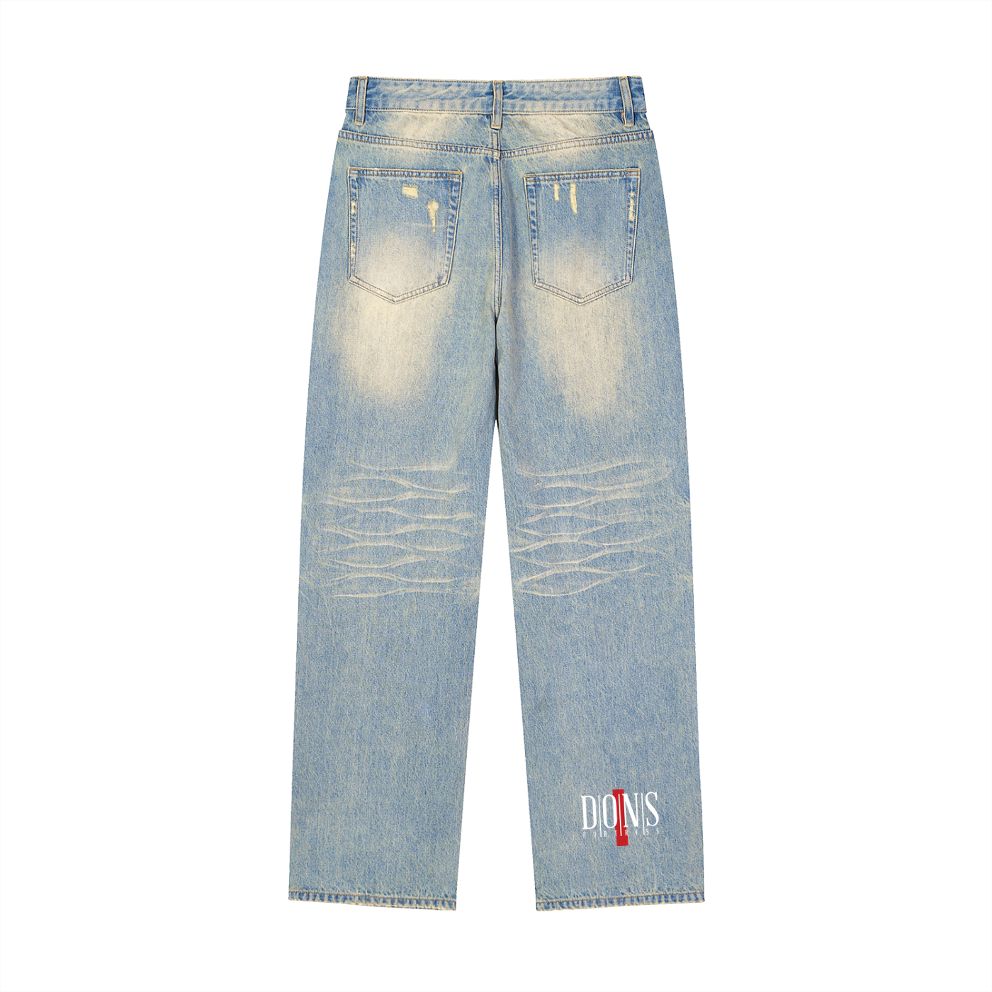 Light blue distressed jeans with a brand logo on a white background