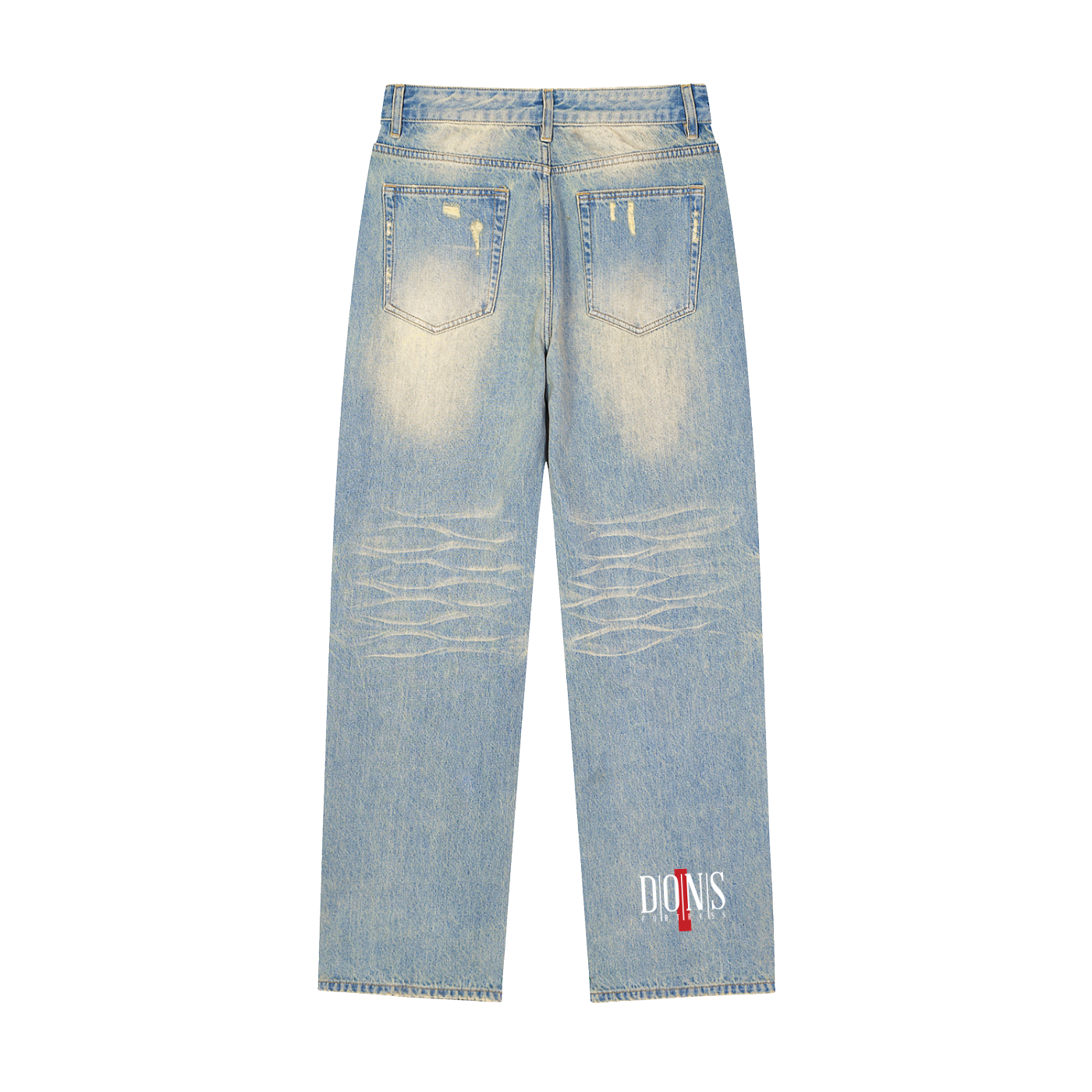 Light blue distressed jeans with a brand logo on a white background