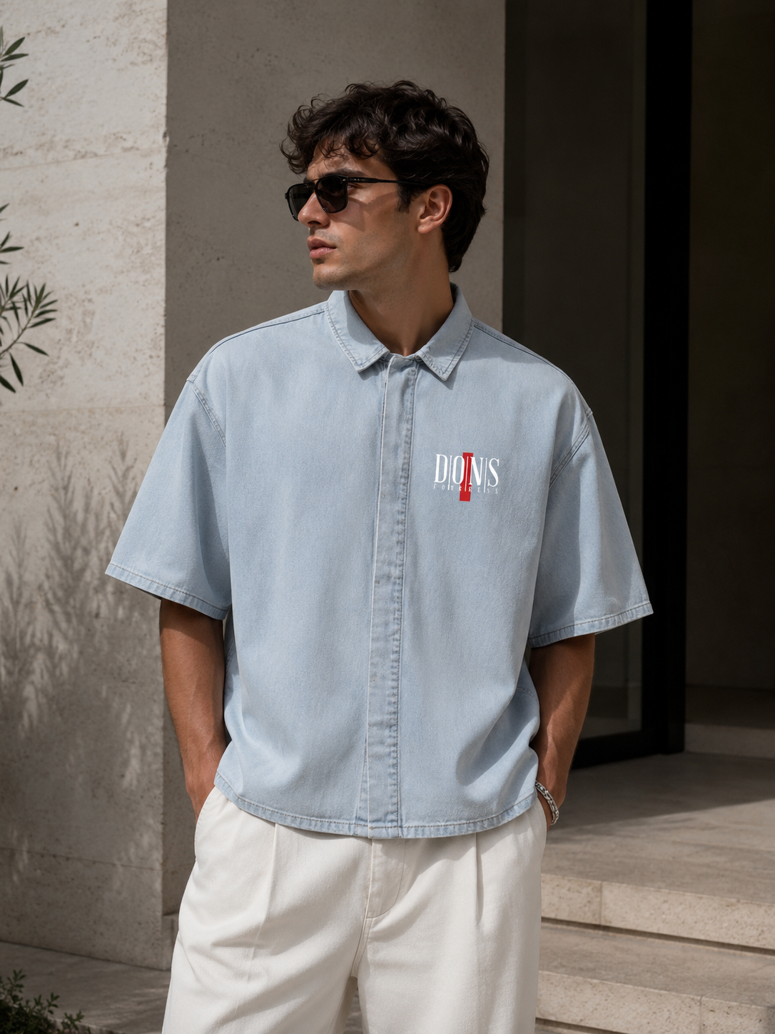 Man wearing a light blue denim shirt with a logo, standing against a neutral wall.
