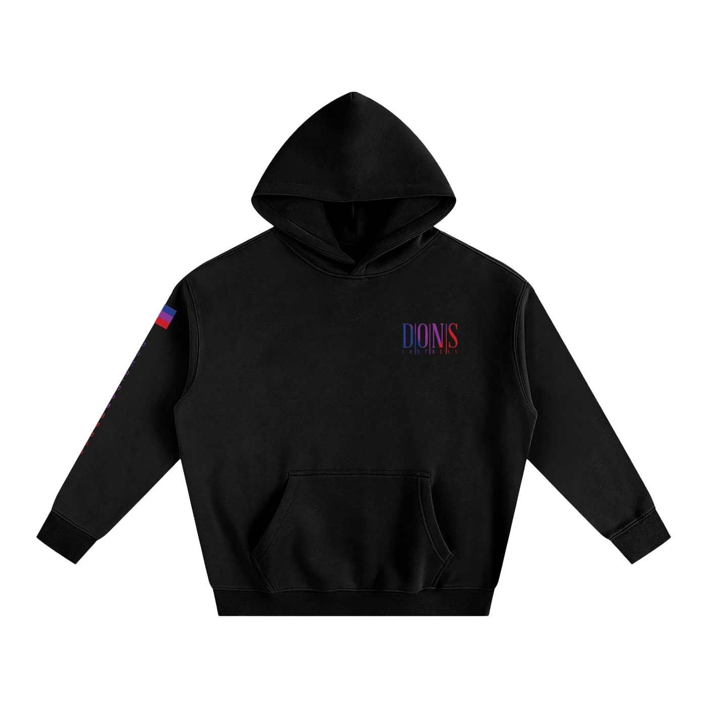 Black hoodie with colourful logo on a white background