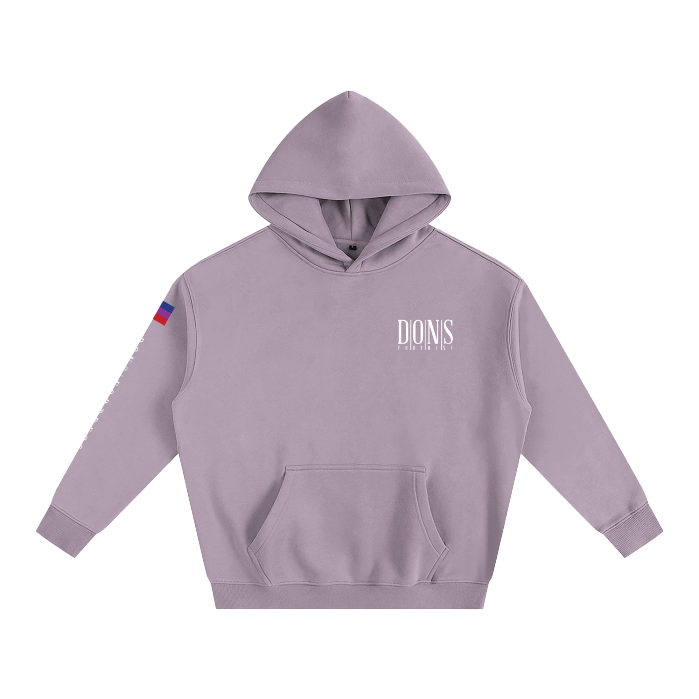 Purple hoodie with branding on a white background