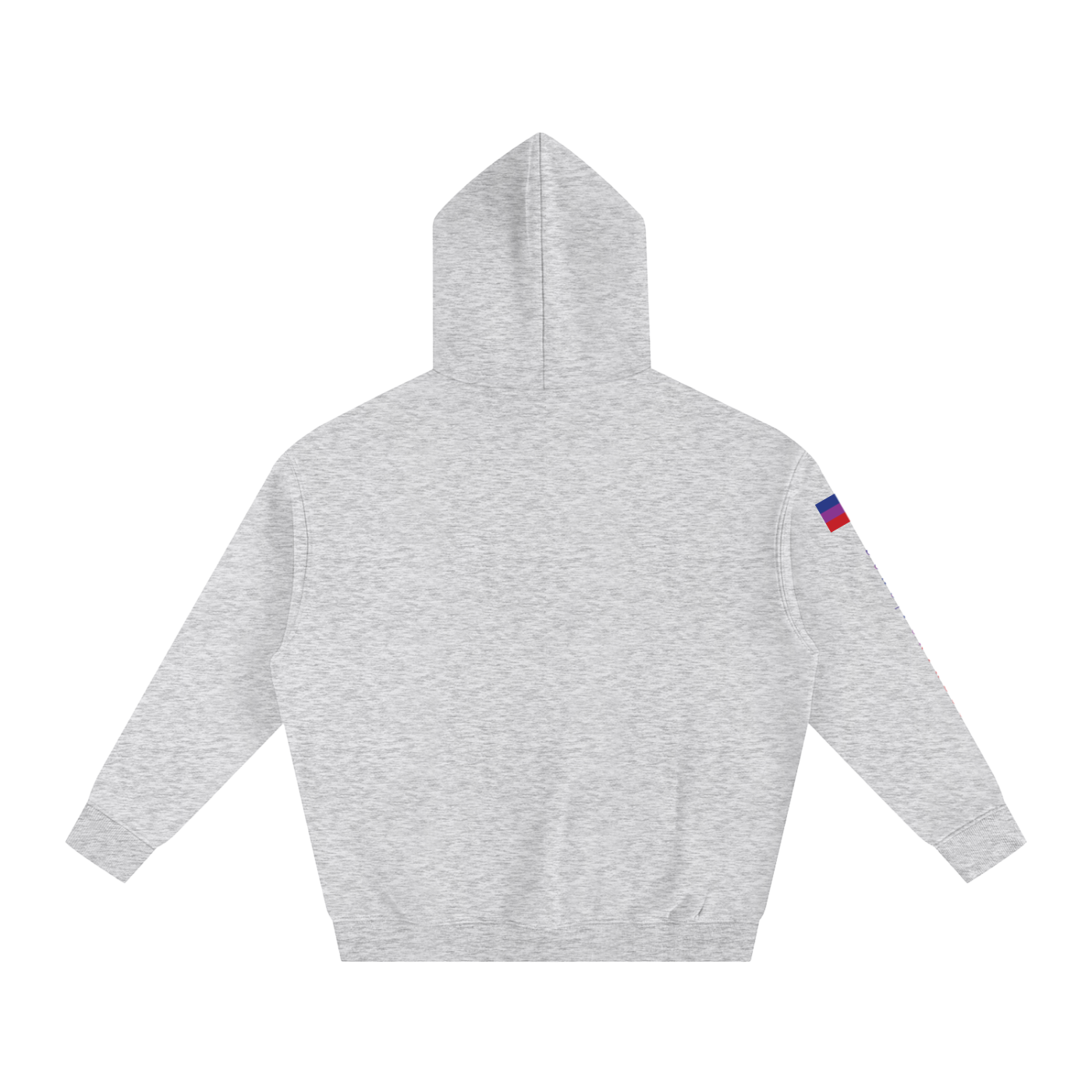 Gray hoodie with a small flag patch on the sleeve against a white background