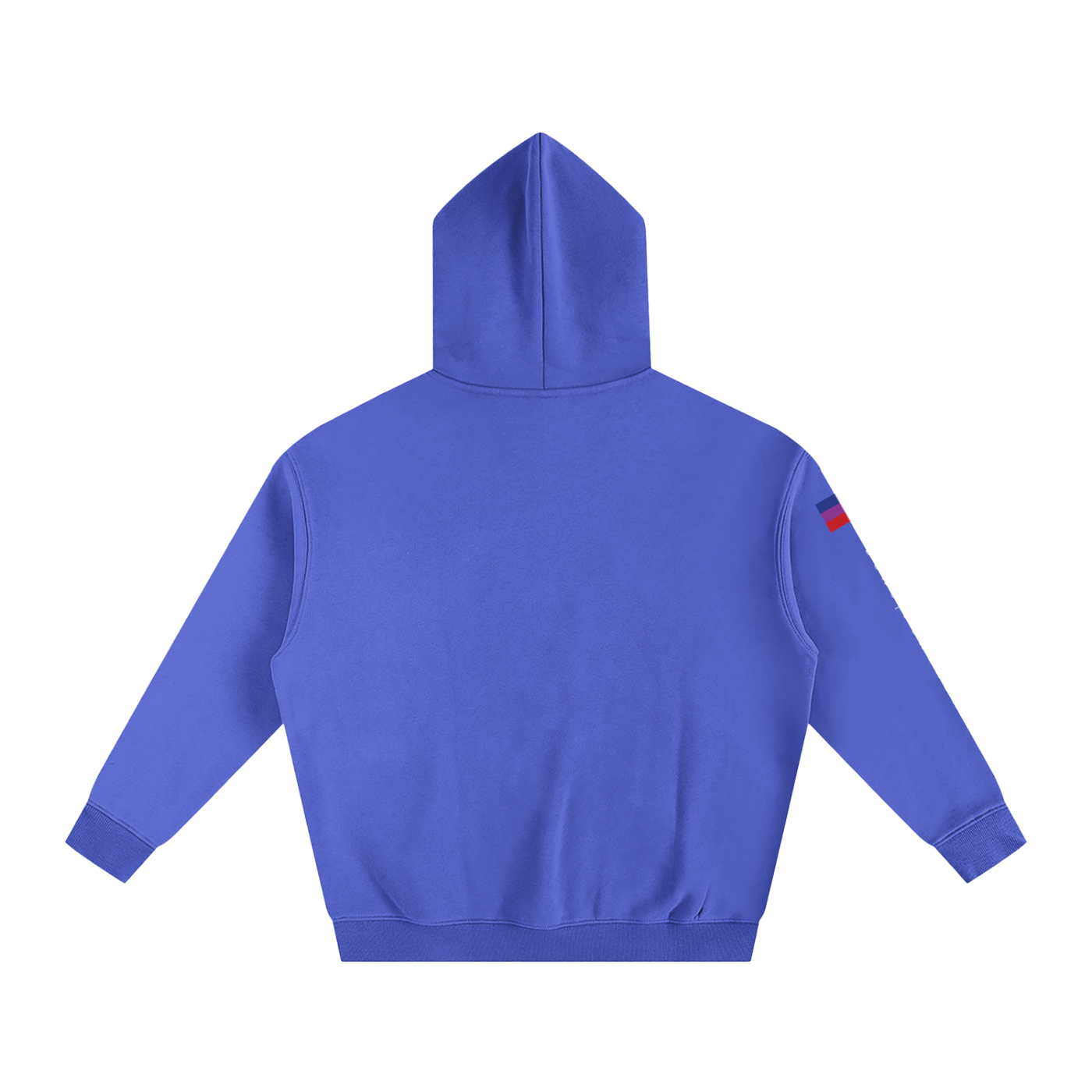 Blue hoodie with a small red and white logo on the sleeve against a white background
