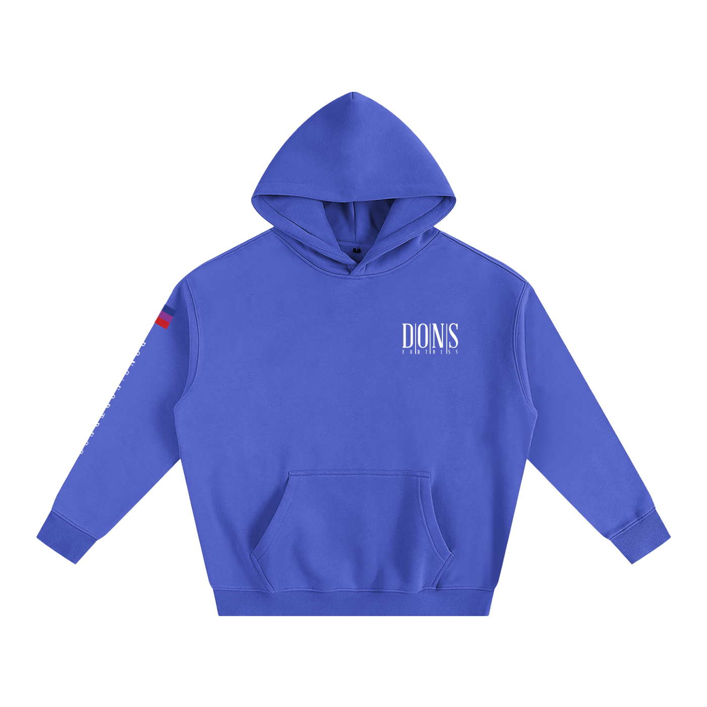 Blue hoodie with branding on a white background
