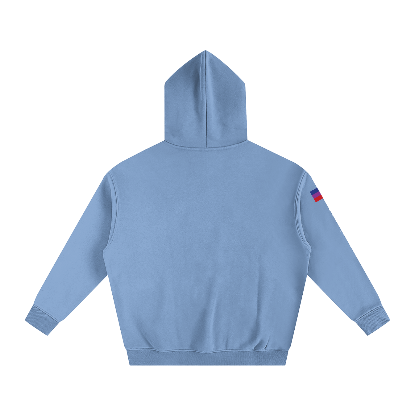 Light blue hoodie with a small flag patch on the sleeve against a white background