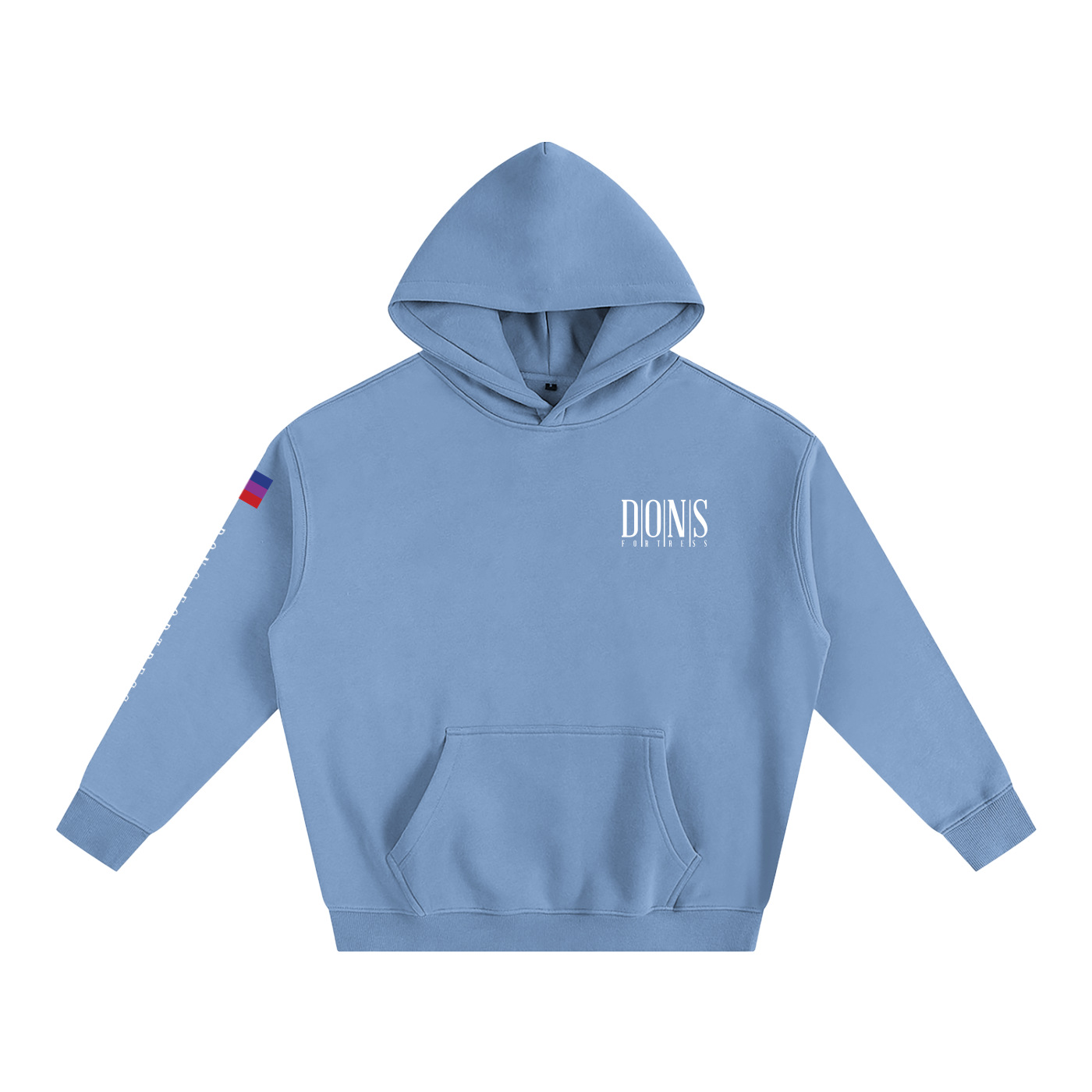 Light blue hoodie with a brand logo on a white background
