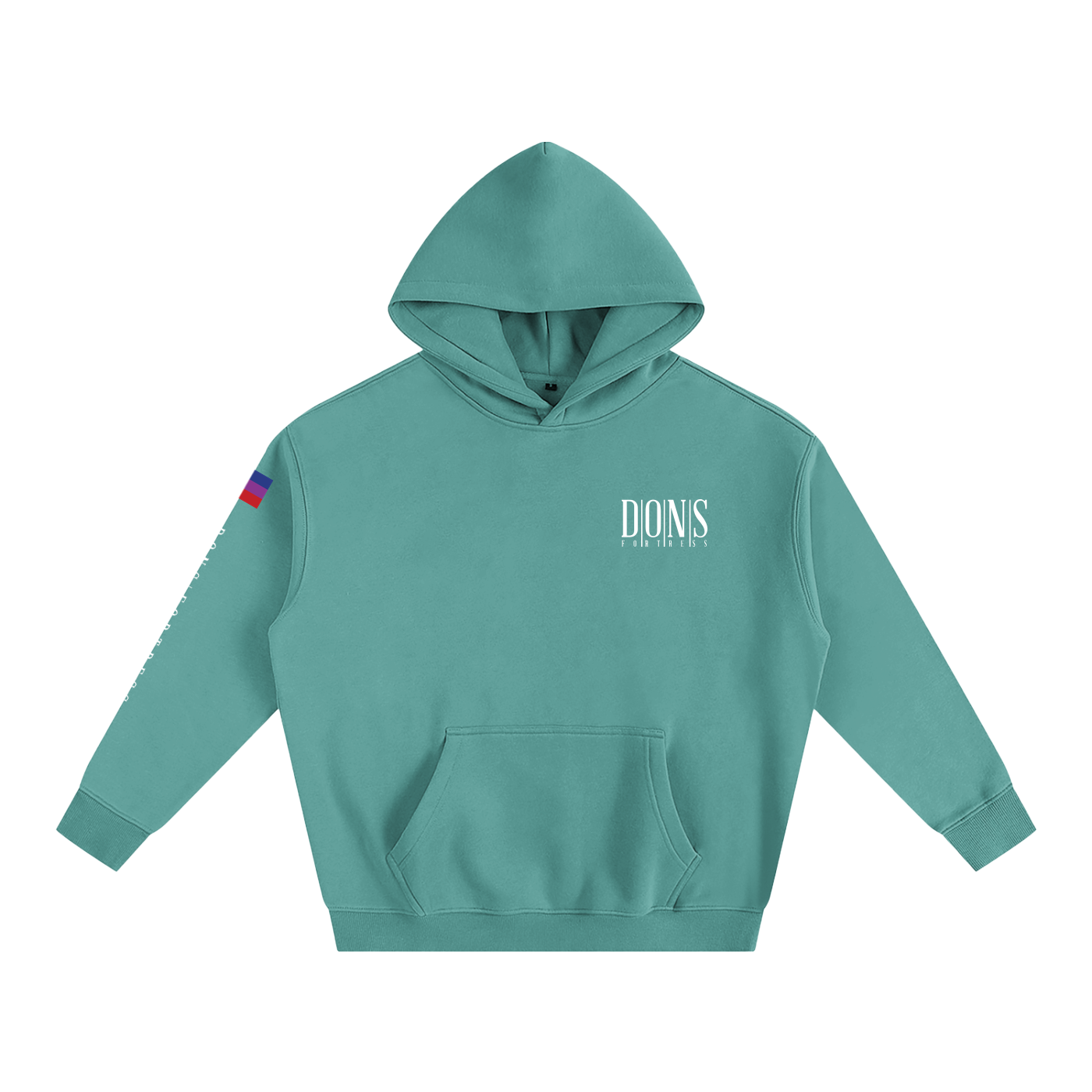 Teal hoodie with branding on a white background