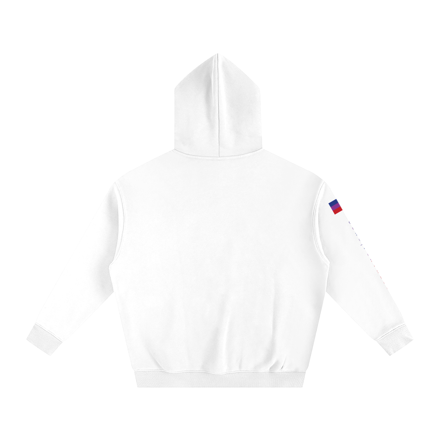 White hoodie with a small colourful logo on the chest against a white background