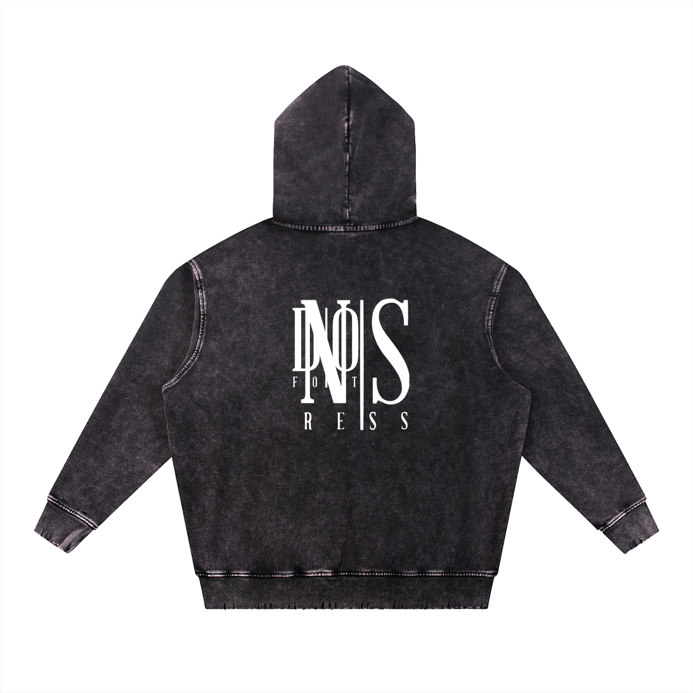 Black hoodie with a logo on the back against a white background