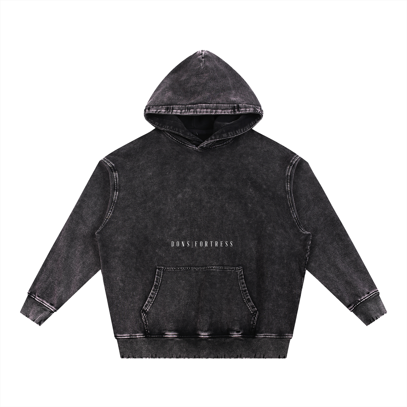 Black distressed hoodie with brand logo on a white background