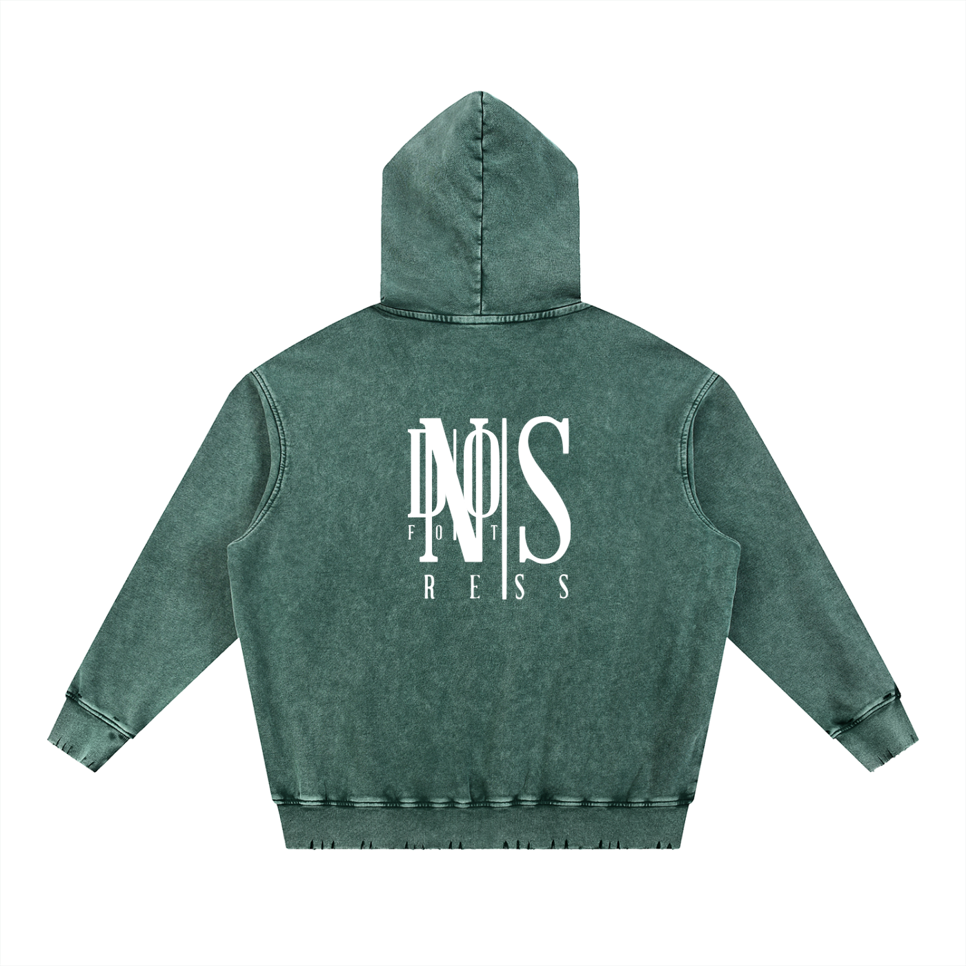Green hoodie with a logo on the back against a white background