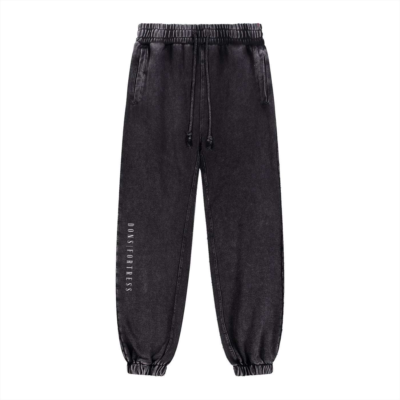 Black jogger pants with drawstring on a white background